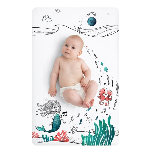 JumpOff Jo - Fitted Mini Crib Sheet for Portable Crib, Playard, and Playpen Mattresses and Mats, Super Soft 100% Cotton, 24 in. x 38 in. - Moonlight Mermaid JumpOff Jo