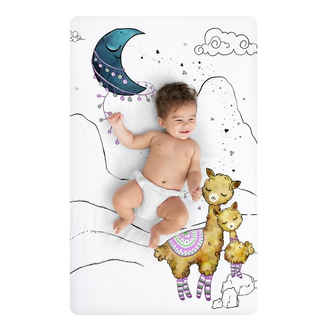 JumpOff Jo - Fitted Mini Crib Sheet for Portable Crib, Playard, and Playpen Mattresses and Mats, Super Soft 100% Cotton, 24 in. x 38 in. - Llama and Mama JumpOff Jo