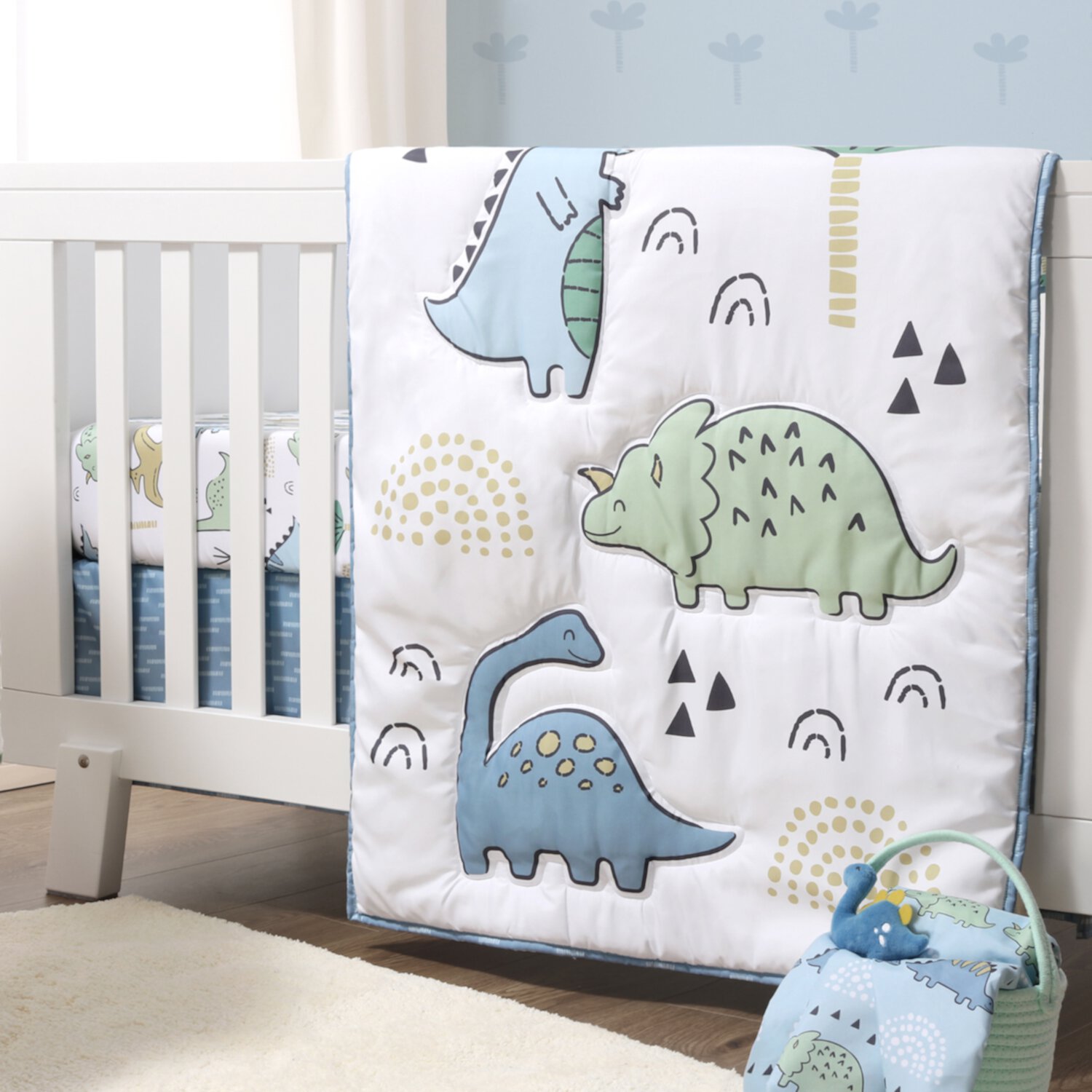 The Peanutshell Blue Dino 5 Piece Crib Bedding Set for Baby Boys, Nursery Set with Blanket The Peanutshell