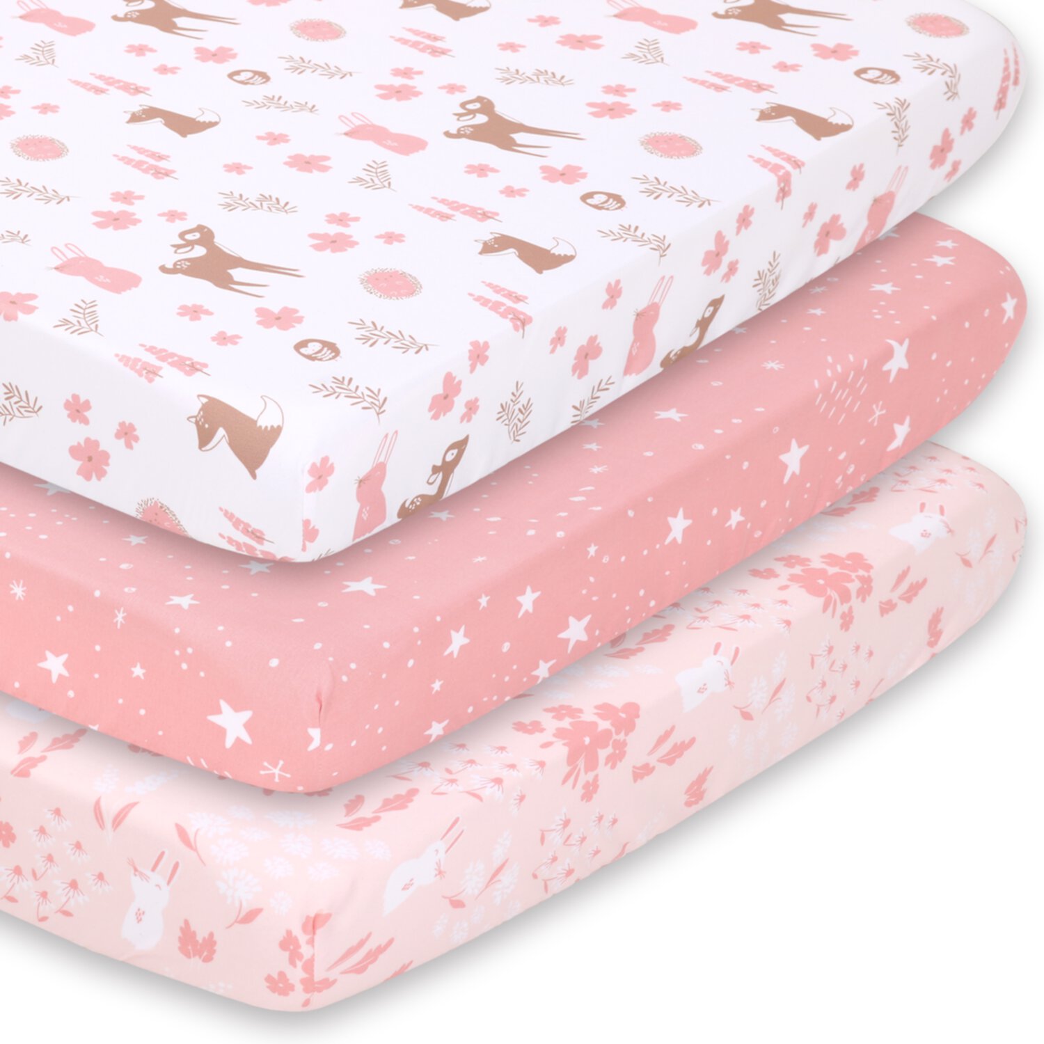 The Peanutshell Pack n Play, Mini Crib, Portable Crib or Fitted Playard Sheets for Baby Girl, 3 Pack Set, Pink Woodland Floral The Peanutshell