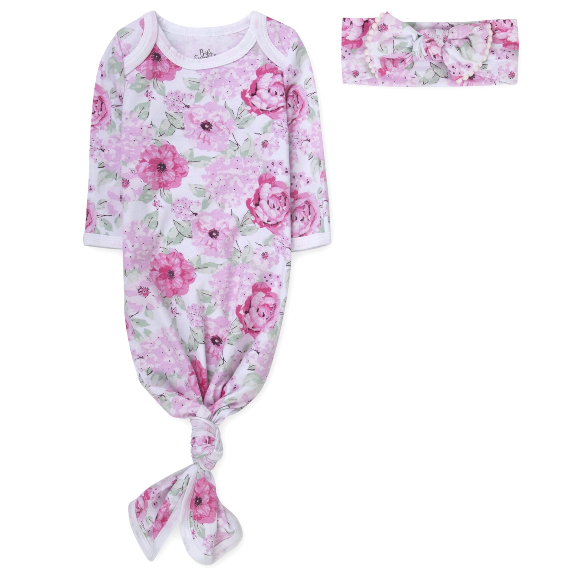 Baby Essentials Long Sleeve Knotted Patterned Sleeping Gown with Matching Headband for Newborn Infants 0 - 6 Months for Sleep, Cuddling, Swaddling and Lounge in Rustic Floral Baby Essentials