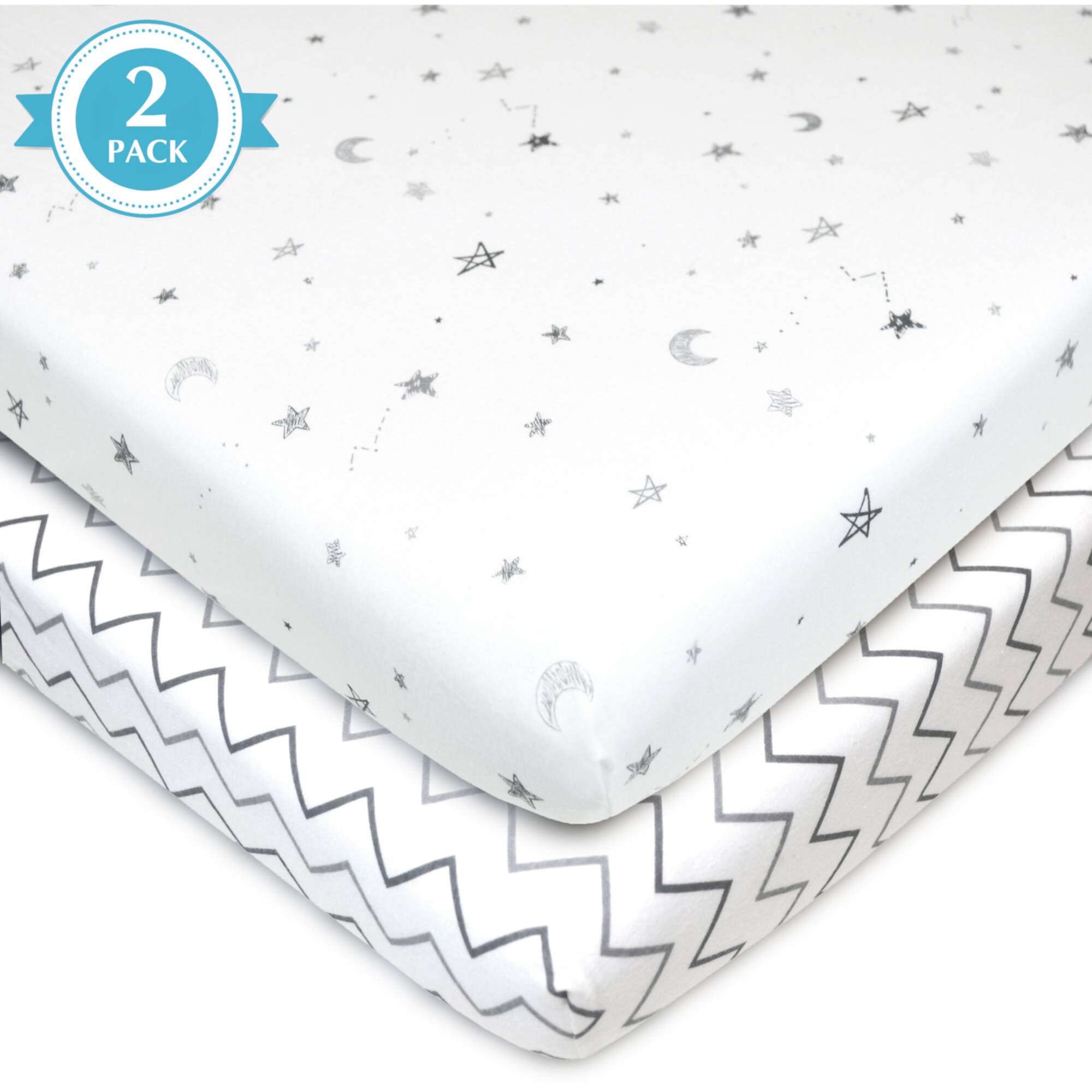 American Baby Co. Cotton Jersey Knit Fitted Mini Crib Sheet, White Stars/Zigzag 2pk American Baby Company