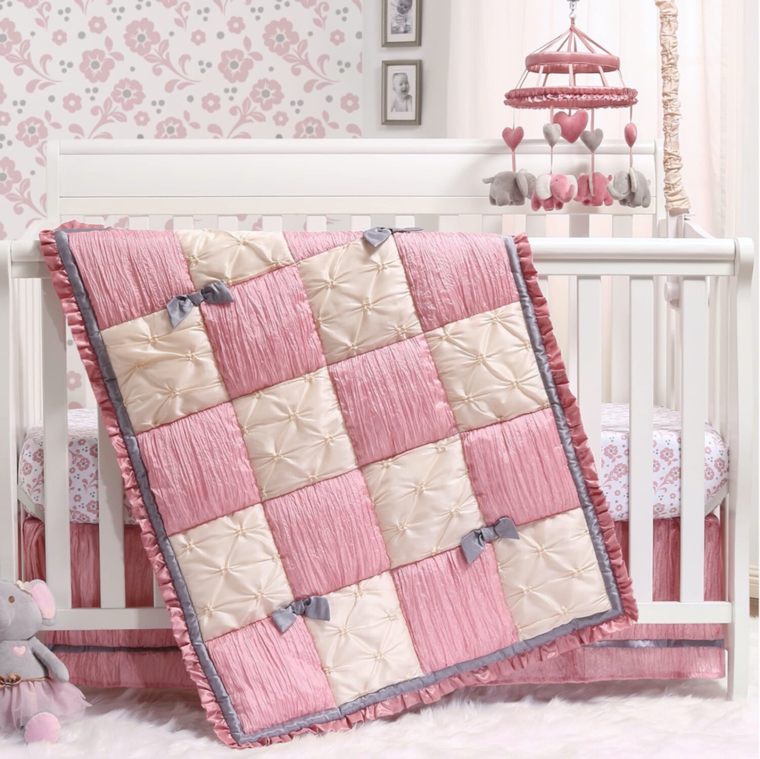 The Peanutshell Bella 4 Piece Baby Girl Nursery Crib Bedding Set, Quilt, Crib Sheets, Crib Skirt, and Mobile The Peanutshell