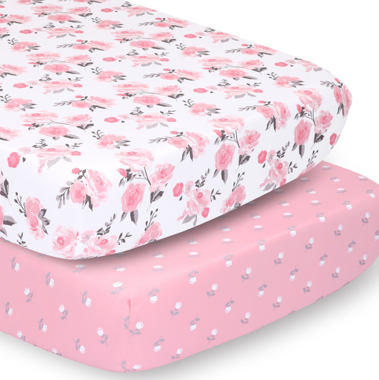 The Peanutshell Fitted Crib Sheet Set for Baby Girls, Pink Roses, Ditsy Floral, 2 Pack Set The Peanutshell