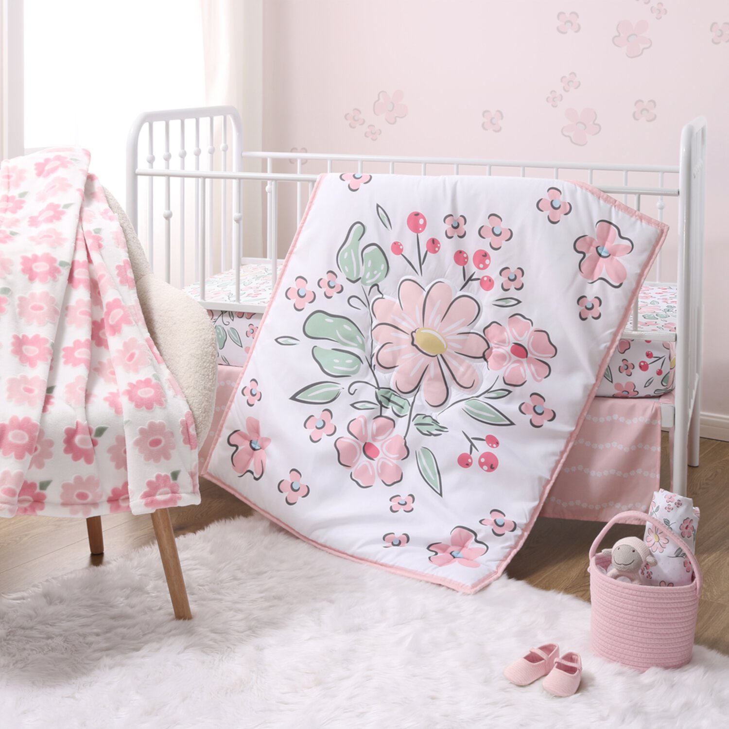 The Peanutshell Pink Floral Fun 5 Piece Crib Bedding Set for Baby Girls, Nursery Set with Blanket The Peanutshell