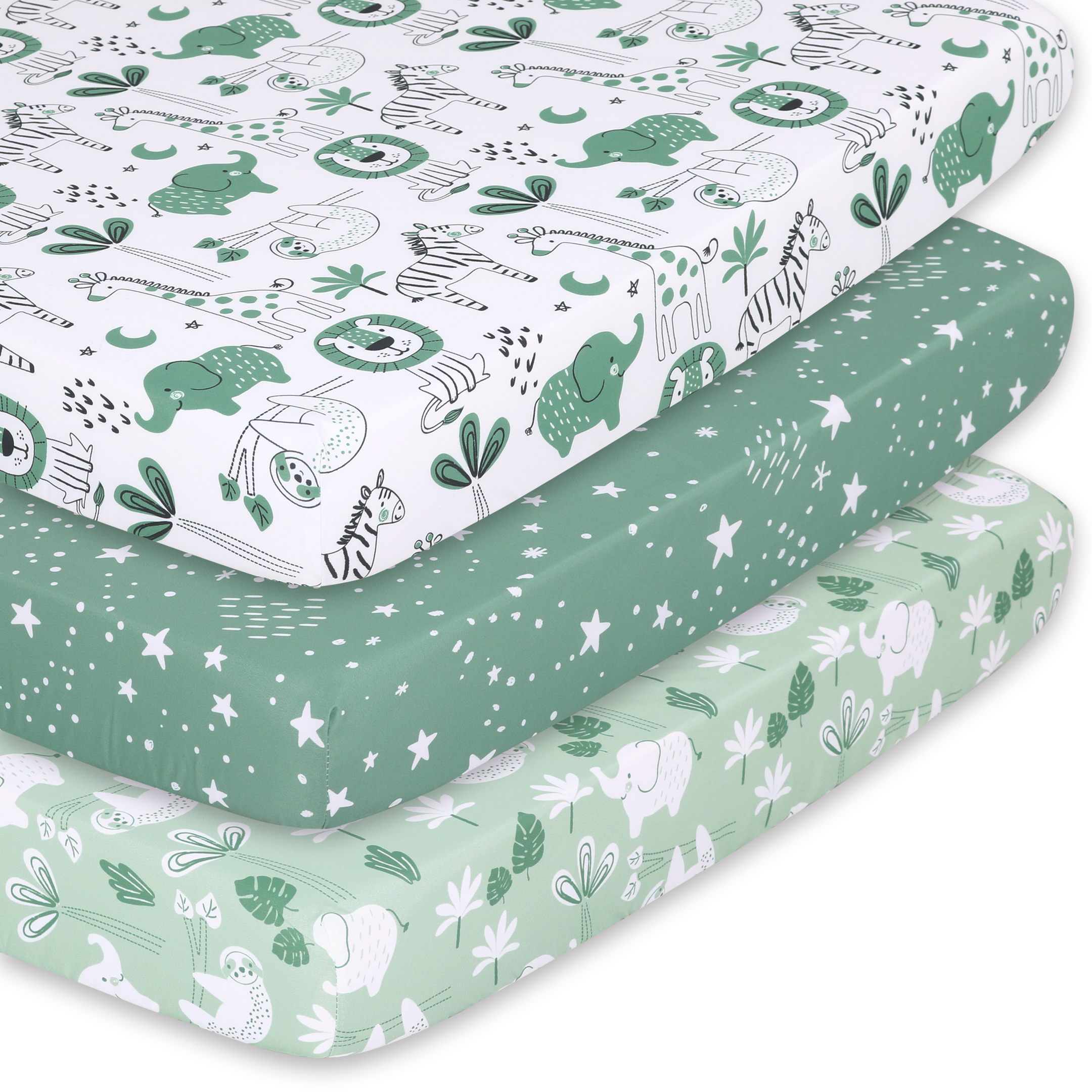 The Peanutshell Pack n Play, Mini Crib, Portable Crib or Fitted Playard Sheets for Baby Boy or Girl, 3 Pack Set, Green Safari The Peanutshell