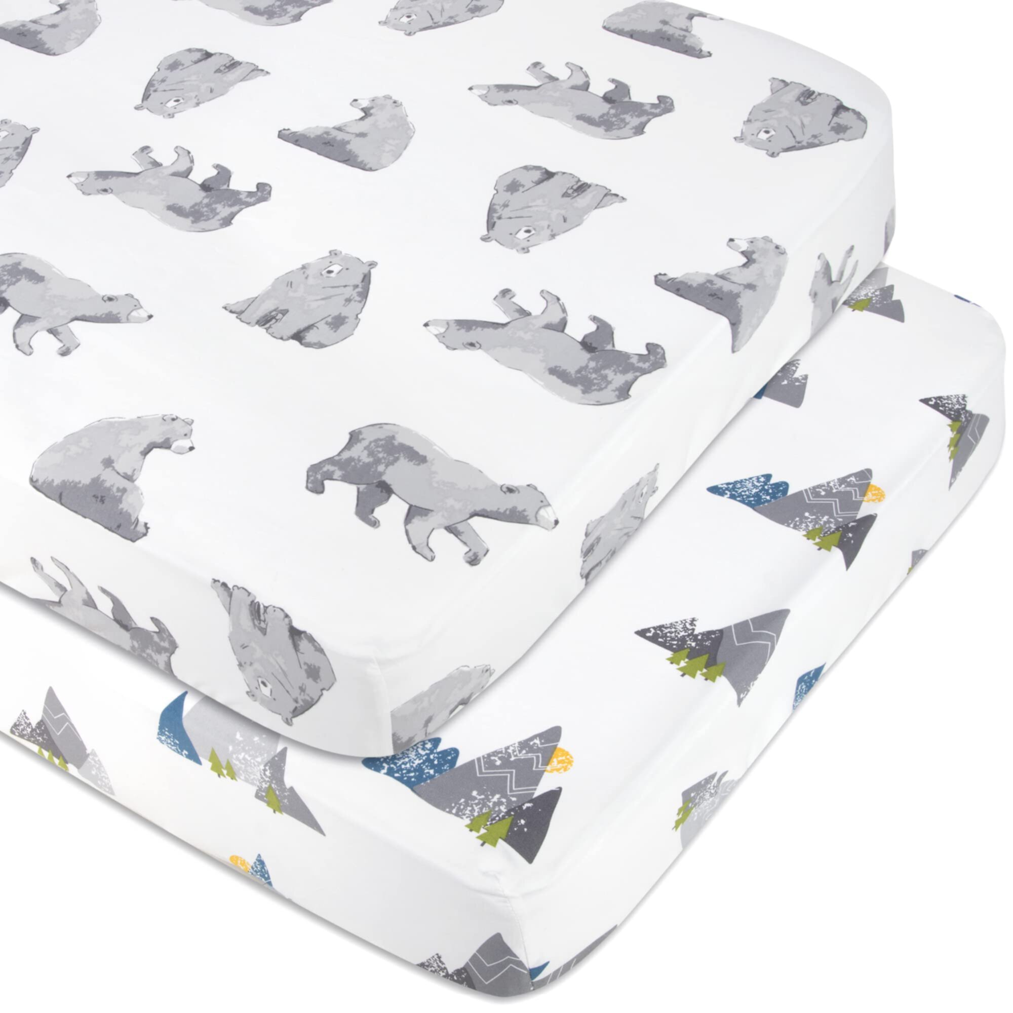 Baby Essentials 2 Pack of 52”L x 28”W Standard Microfiber Patterned Fitted Elastic Baby Crib Sheets for Newborns, Infants and Toddlers Nursery, Crib, Bed and Mattress in Bears & Mountains Baby Essentials