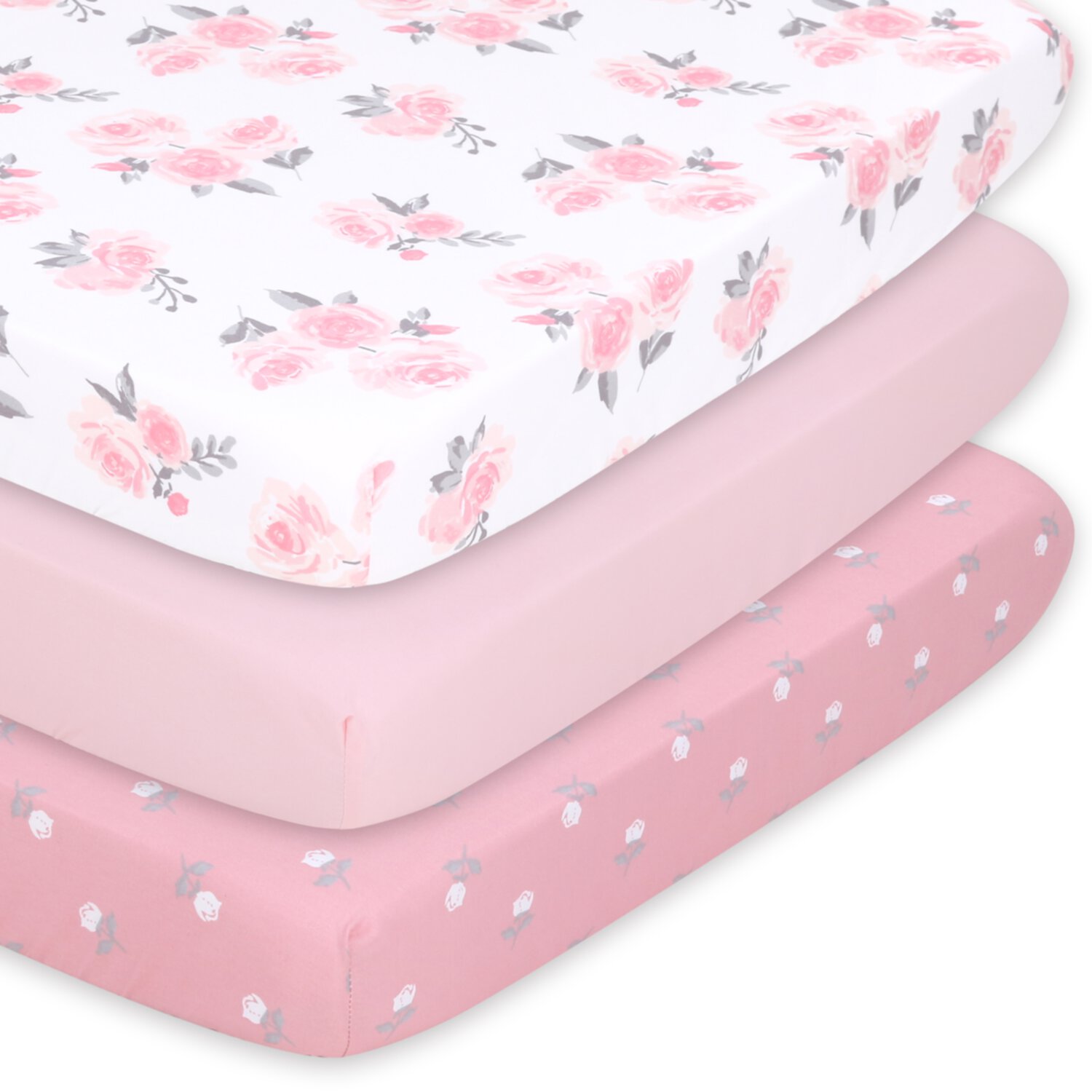 The Peanutshell Pack n Play, Mini Crib, Portable Crib or Fitted Playard Sheets for Baby Girl, Pink Roses and Ditsy Floral, 3 Pack Set The Peanutshell