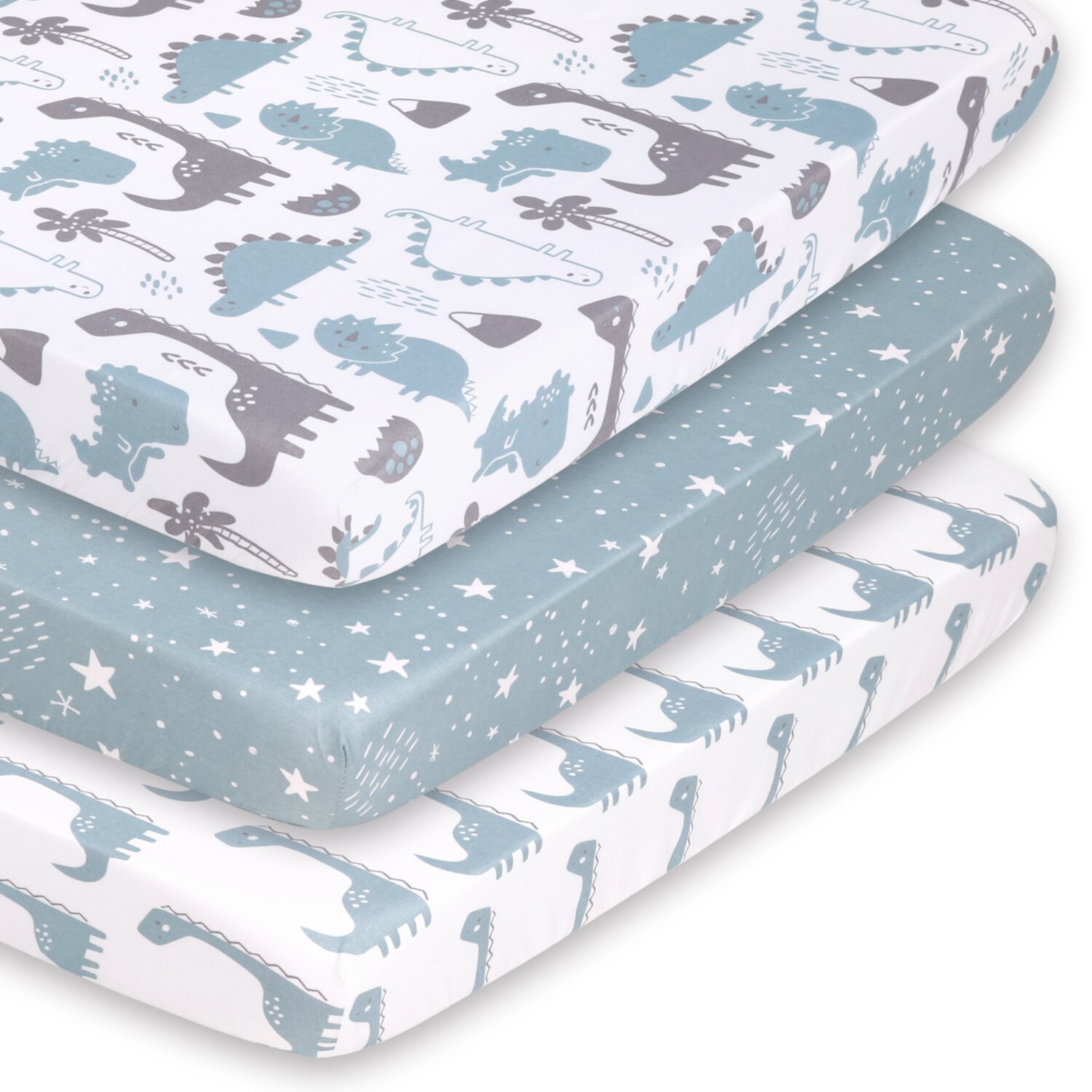 The Peanutshell Pack n Play, Mini Crib, Portable Crib or Fitted Playard Sheets for Baby Boy, Blue Dino, 3 Pack Set The Peanutshell