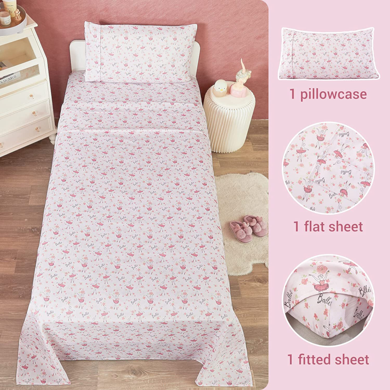 Viviland Kids Twin Sheet Set - Girls Light Pink Twin Sheet Set - Twin Microfiber Fitted Sheet (15" deep Pocket) Flat Sheet for Girls - Floral Kids Sheet Ballet Girl Printed Viviland