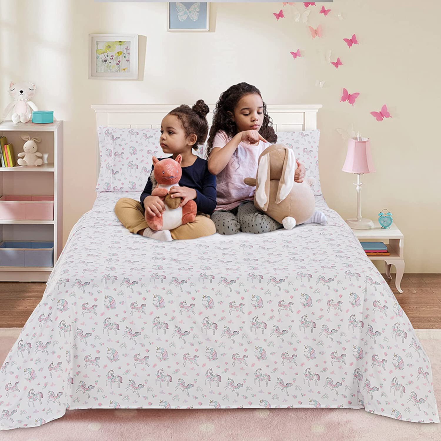 Viviland Unicorn Kids Twin Sheet Set - Girls Twin Sheet Set with Floral Butterfly Pattern - Kids Printed Twin Microfiber Bed Sheets - Kids Girls Twin Fitted Sheet Viviland