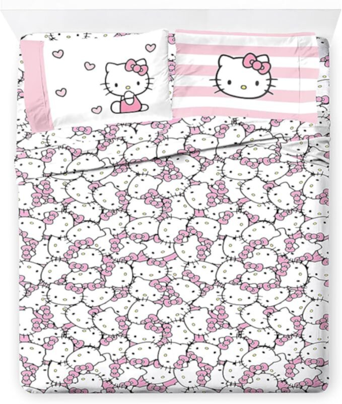 Sanrio Hello Kitty Stripes & Hearts 4 Piece Queen Size Sheet Set Sanrio