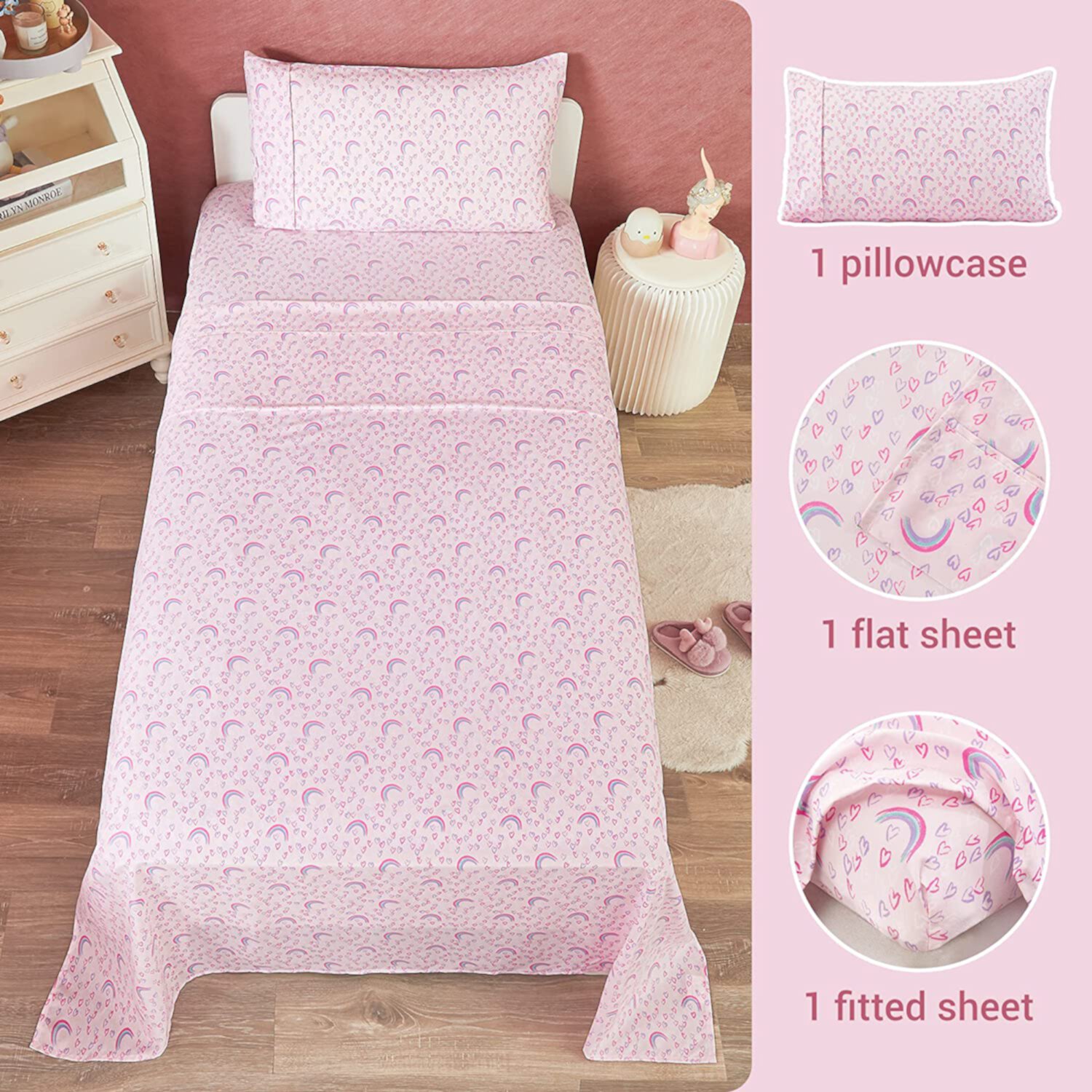 Viviland Kids Twin Sheet Set - Pink Heart Twin Sheet Set for Girls - Kids Twin Sheet Rainbow Printed - Kids Girls Twin Microfiber Fitted Sheet (15" deep Pocket) Flat Sheet Included Viviland