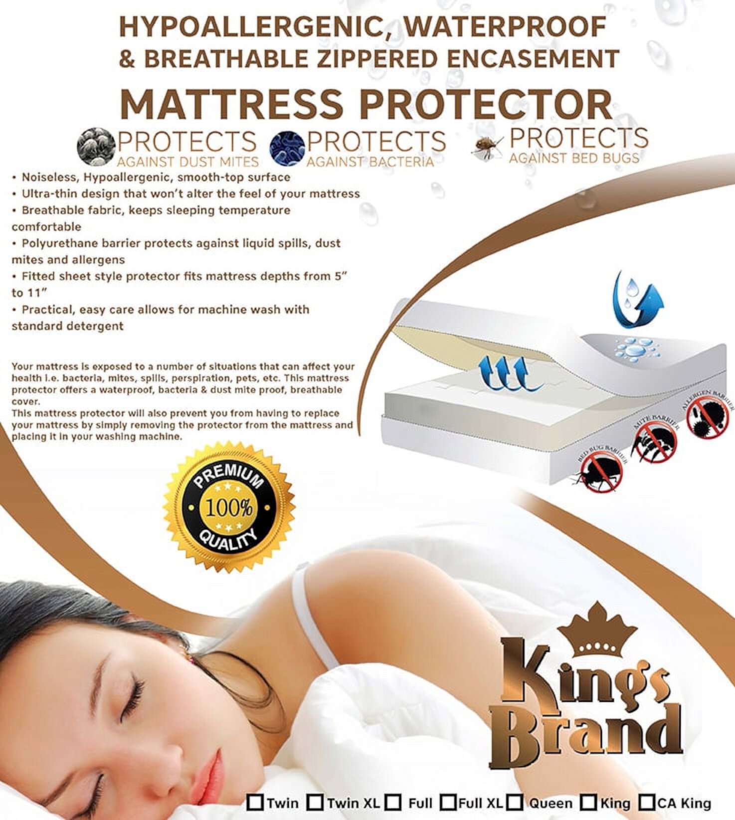 Twin XL Size Zippered Waterproof Mattress Protector, Polyester Cotton, White Kings Brand Furniture