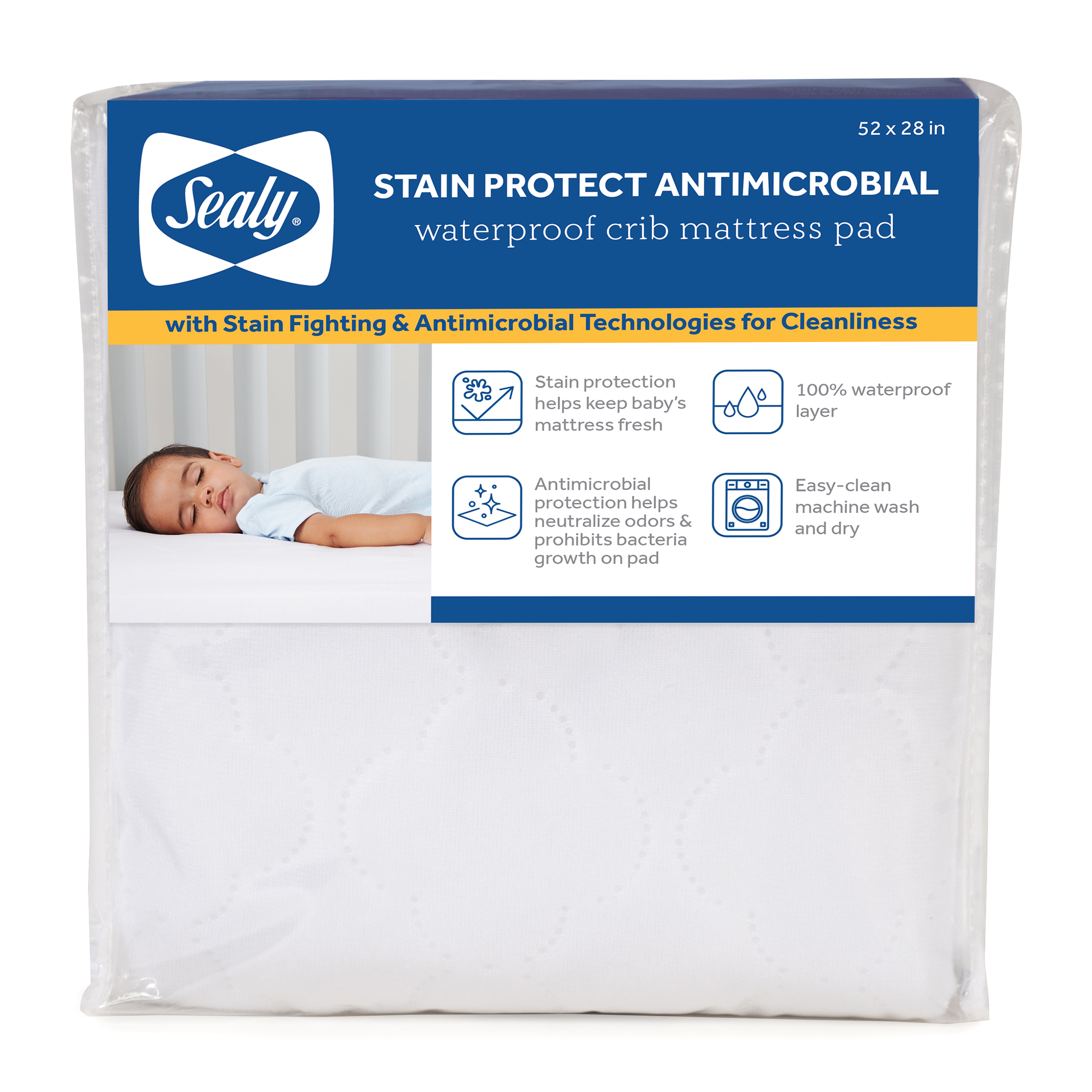 Sealy Stain Protect Antimicrobial Waterproof Crib / Toddler Mattress Pad, White, 52" L x 28" W Sealy