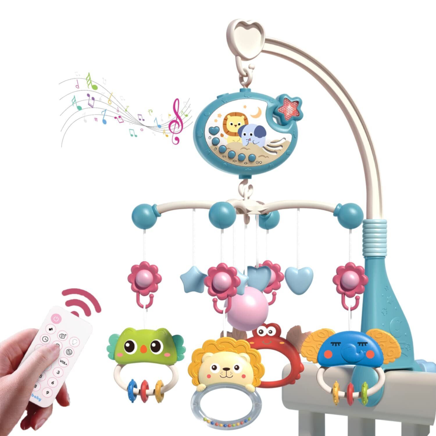 Foxanon Baby Musical Crib Mobile with Star Projection, Hanging Rotating Teether Rattle Pendants and 400 Melodies Music Box with Remote Control, Toy for Newborn 0-12 Months,Blue Foxanon