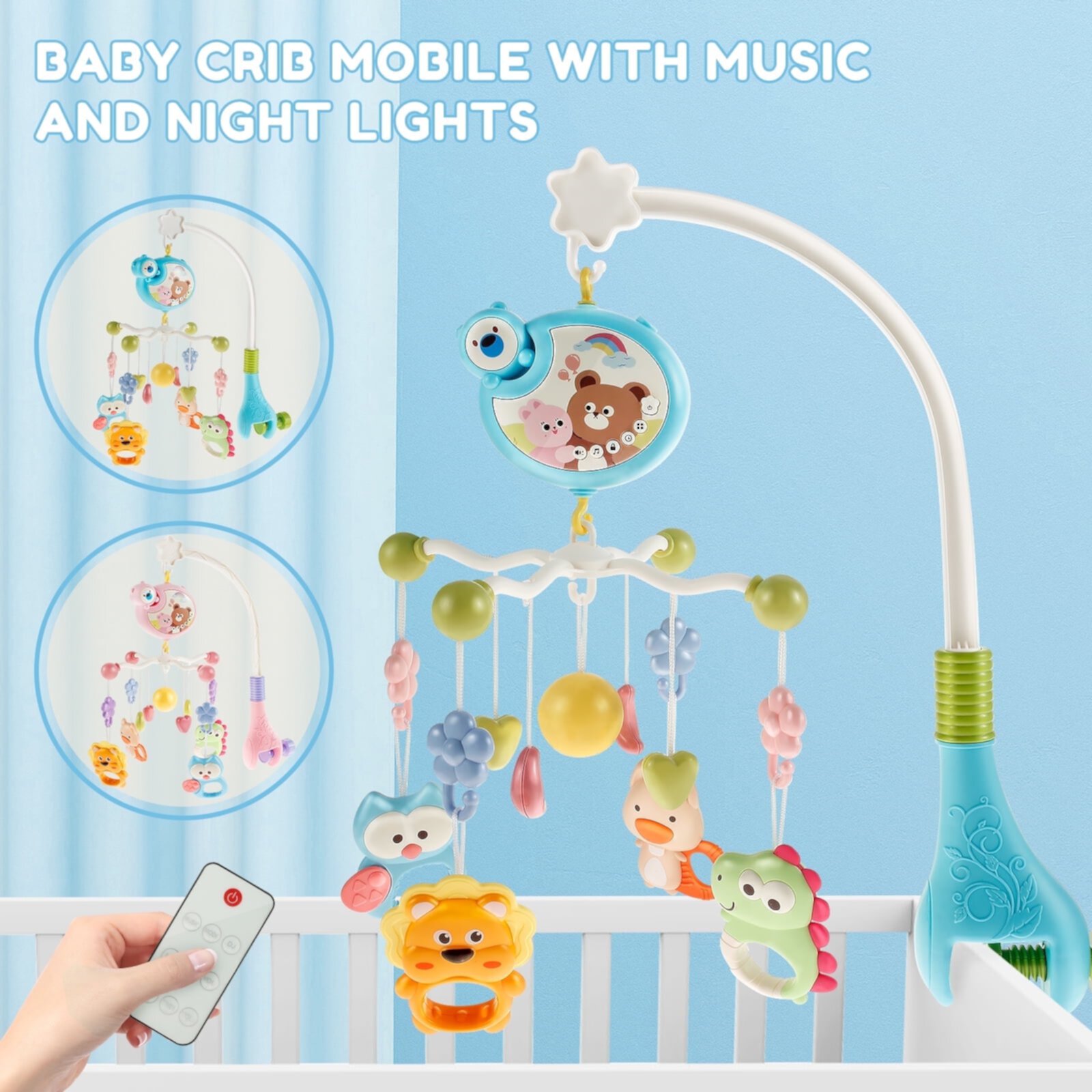 Keyohome Baby Crib Mobile Toys,Crib Music Mobile Hanging Toys with Light,Hanging Rotating Rattles for Newborn 0-18 Months,18.89 x 15.74inch Keyohome