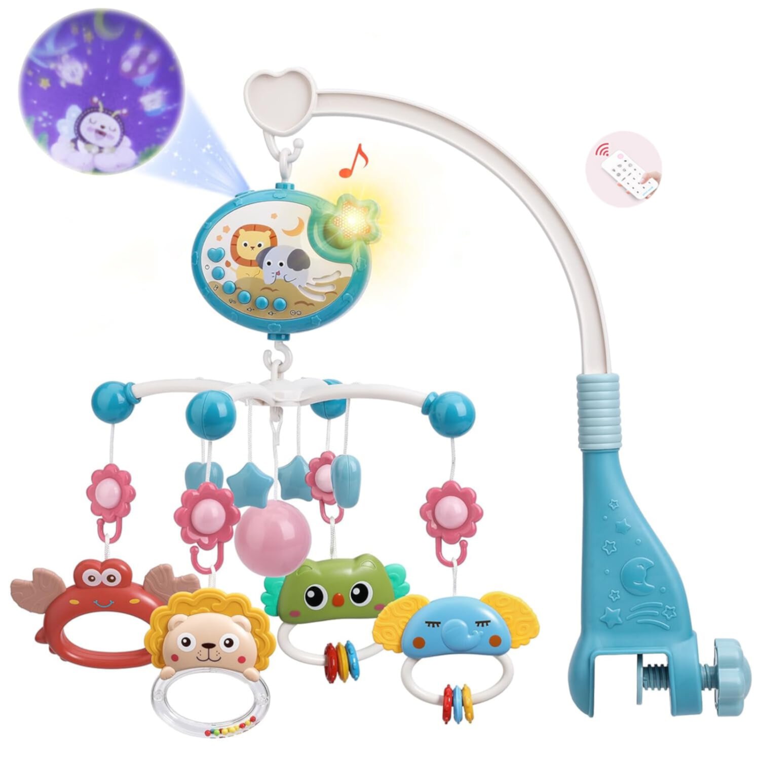 Baby Crib Mobile with Music and Lights,360°Rotation Remote Control Musical Mobile, Projection Night Light and Chewable Rattle Toy,Crib Mobile for Girls and Boys LANGSONGHONG