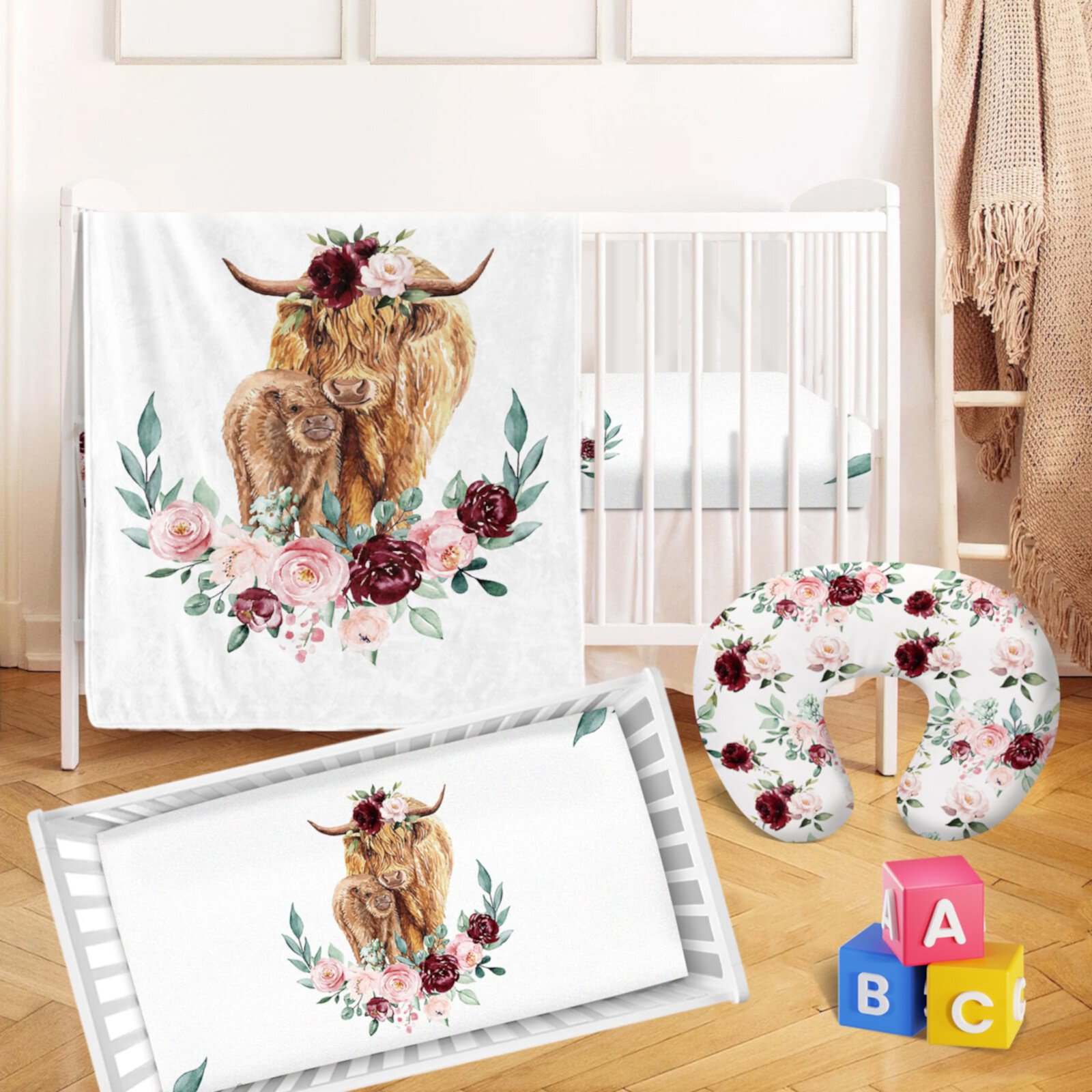 Kainsy Floral Highland Cow Crib Bedding Set, 3 Pcs, Flannel Blanket, Fitted Sheet, Nursing Pillow, 30x40 inch KAINSY