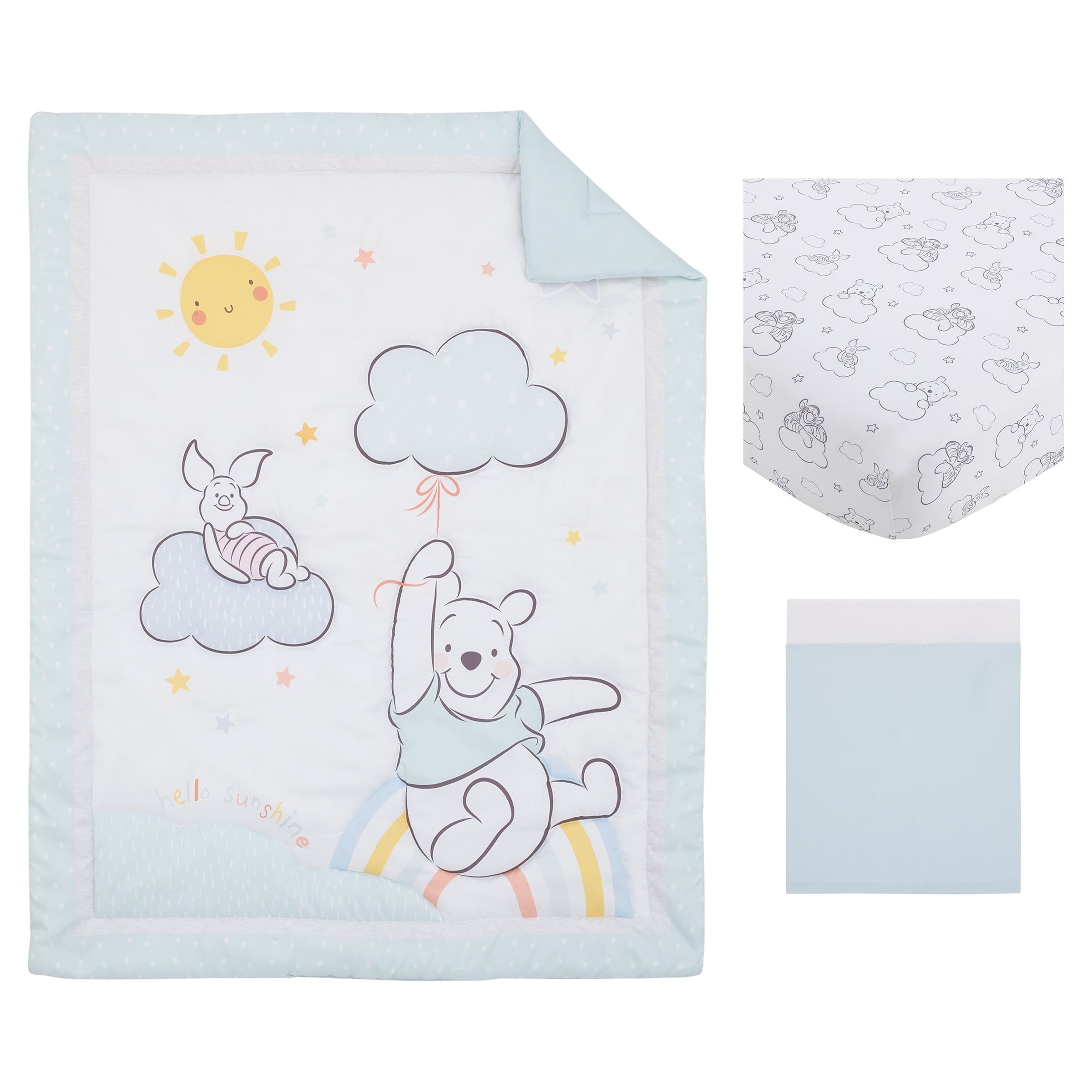 Disney Winnie the Pooh 3-Piece Crib Bedding Set, Light Blue, Hello Sunshine Disney