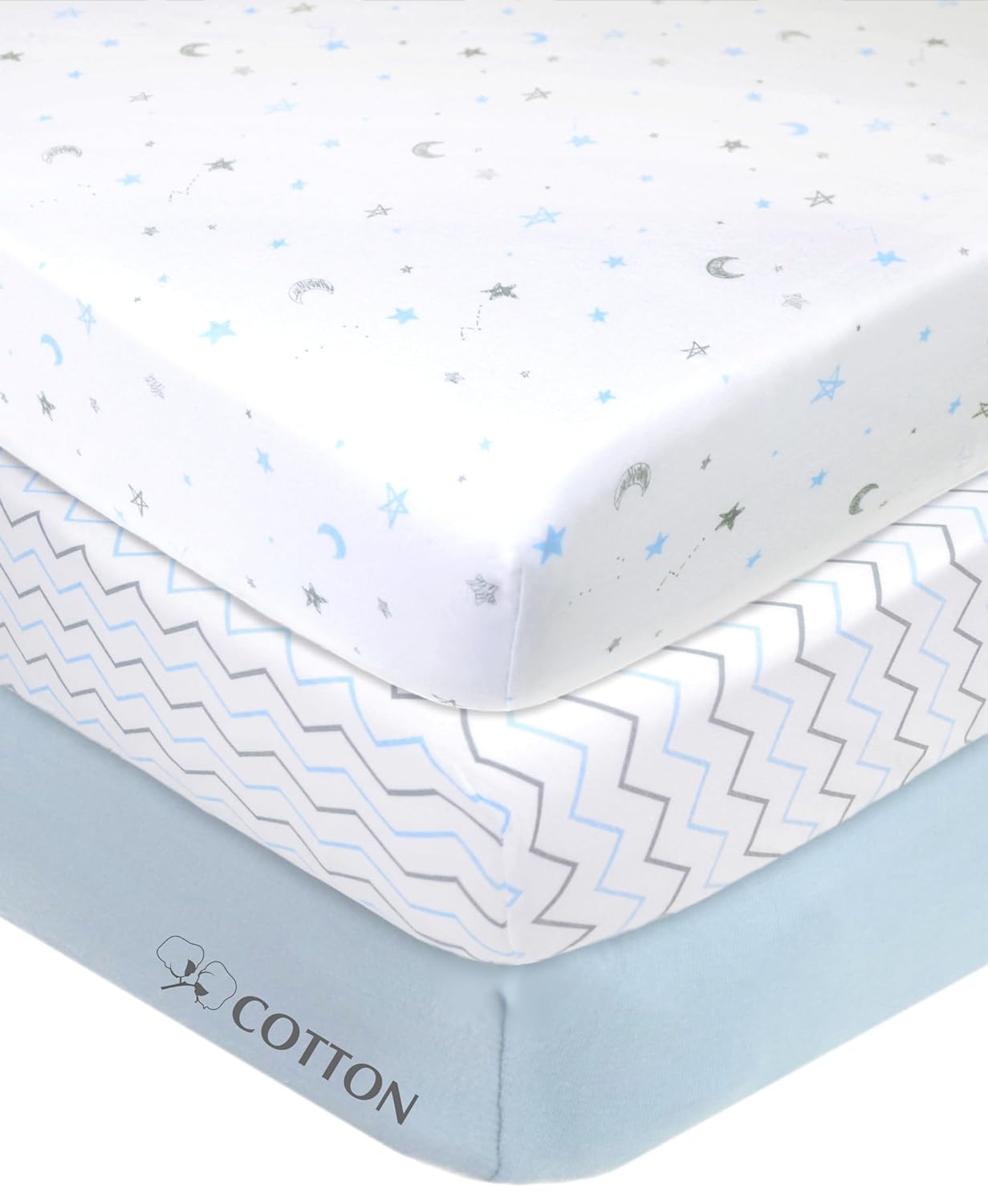 American Baby Company 3 Pack Fitted Mini Crib Sheet 24" x 38", Soft Breathable Neutral 100% Cotton Jersey Portable Sheet, Blue Star/Zigzag, for Boys and Girls, Fits Most Pack N Play Mattresses Blue Star/Zigzag 3 Pack American Baby Company