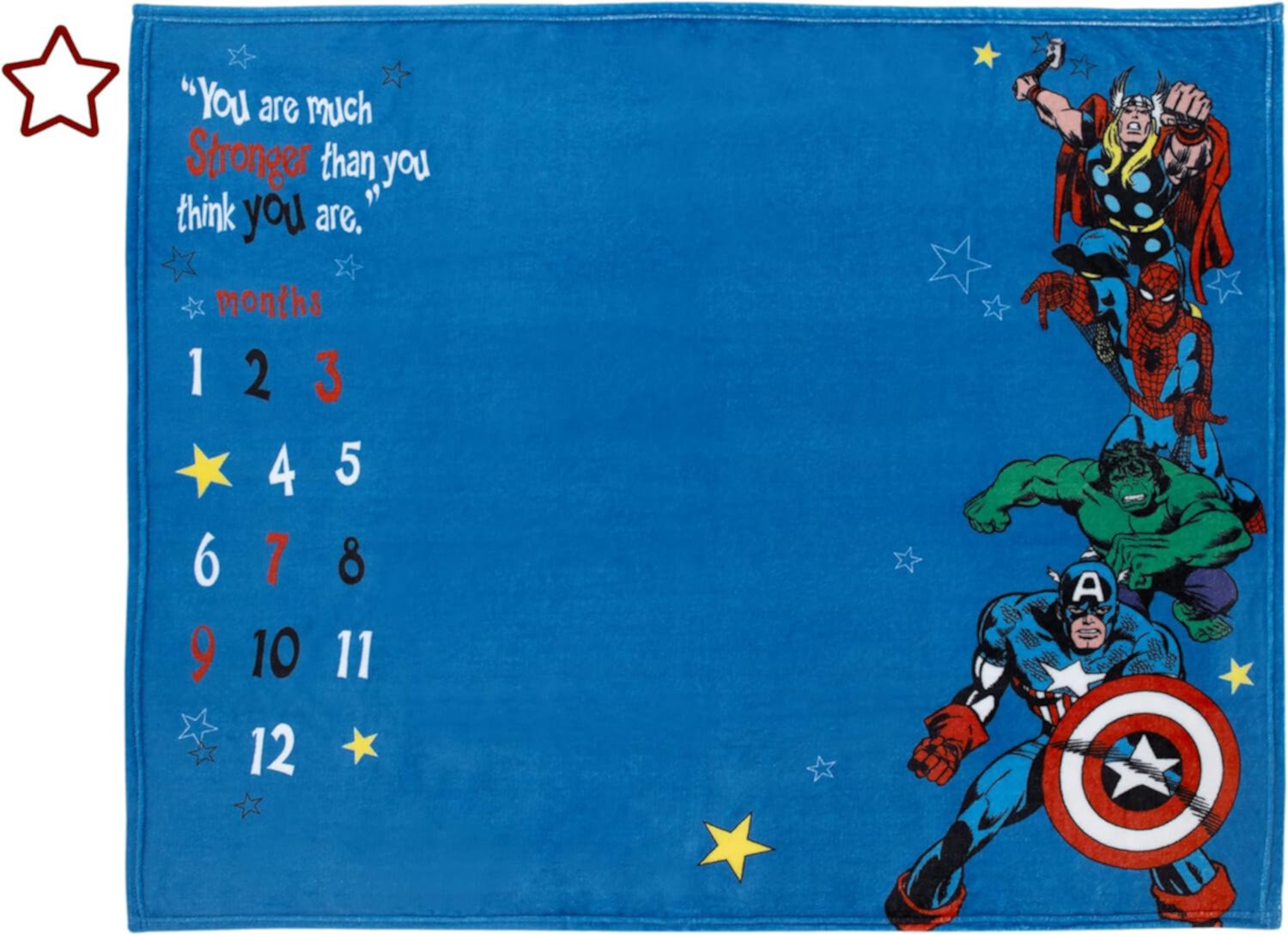 Marvel Comics Blue, Red and Green, Captain America, Hulk, Spiderman and Thor Super Soft Milestone Baby Blanket Marvel