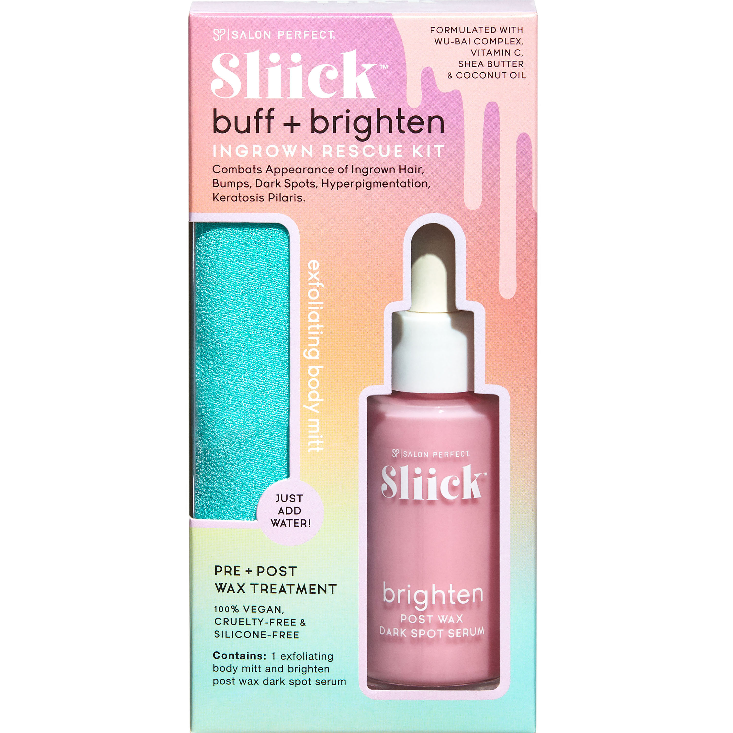 Sliick by Salon Perfect, Buff & Brighten Ingrown Rescue Kit, Contains 1 Exfoliating Body Mitt and Brightening Serum, Ingrown Hair Treatment,1 fl oz (Жидкие унции) Salon Perfect