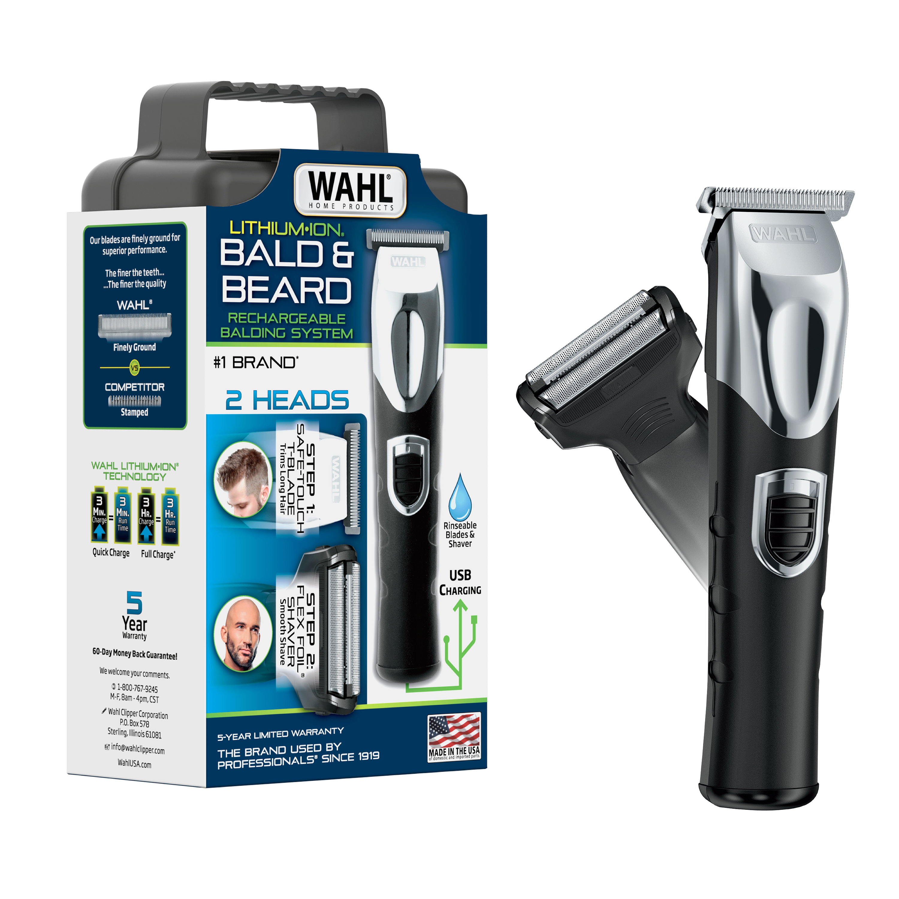 Wahl Bald N Shave Rechargeable Two Heads Rinseable T-Blade Trimmer for Men, 3023628 Wahl