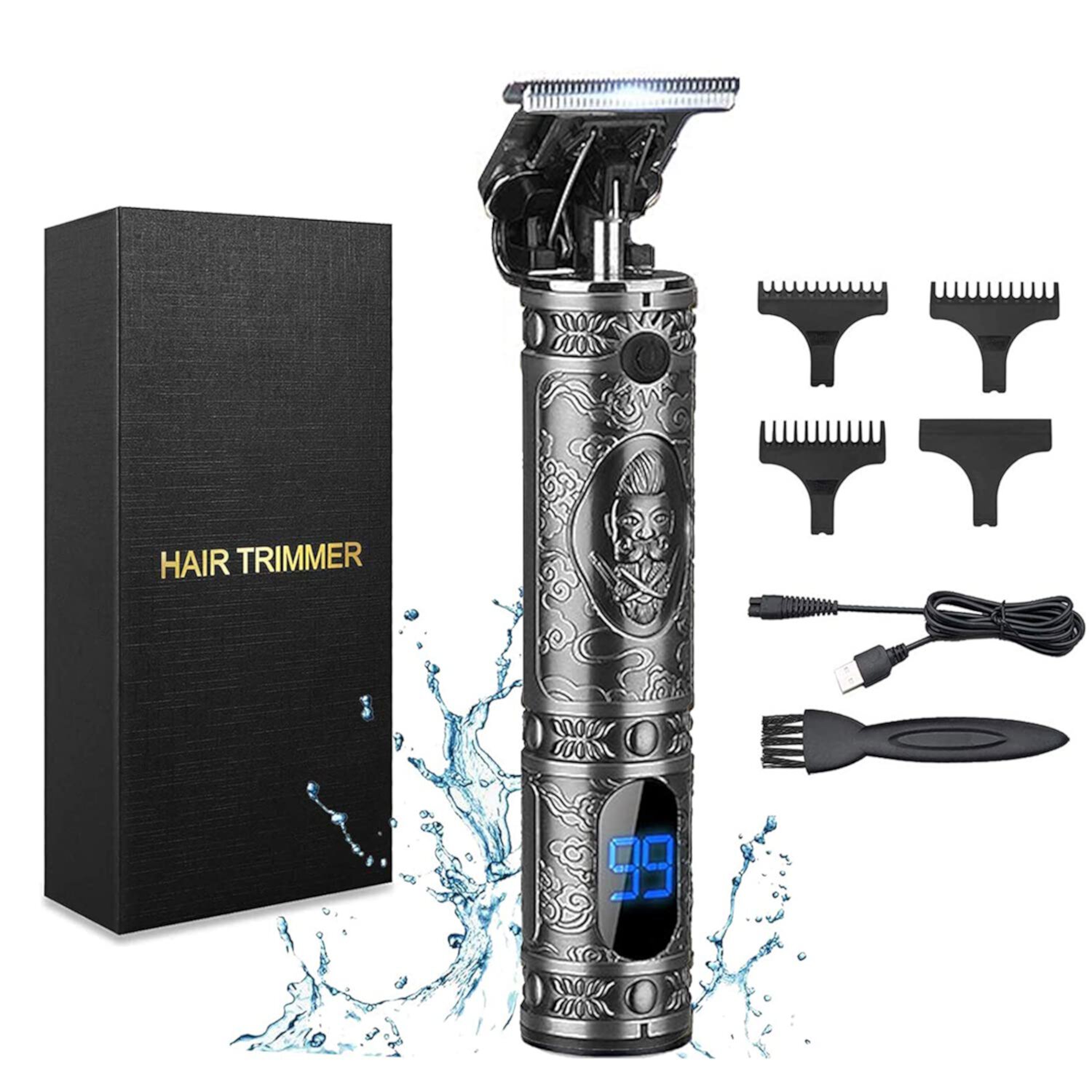 Electric Cordless Hair Clipper Grooming Cutting T-Blade Trimmer Kit Rechargeable Trimmer for Men Zero Gapped Beard Shaver Barbershop Professional (Silver Engraving) Qishi