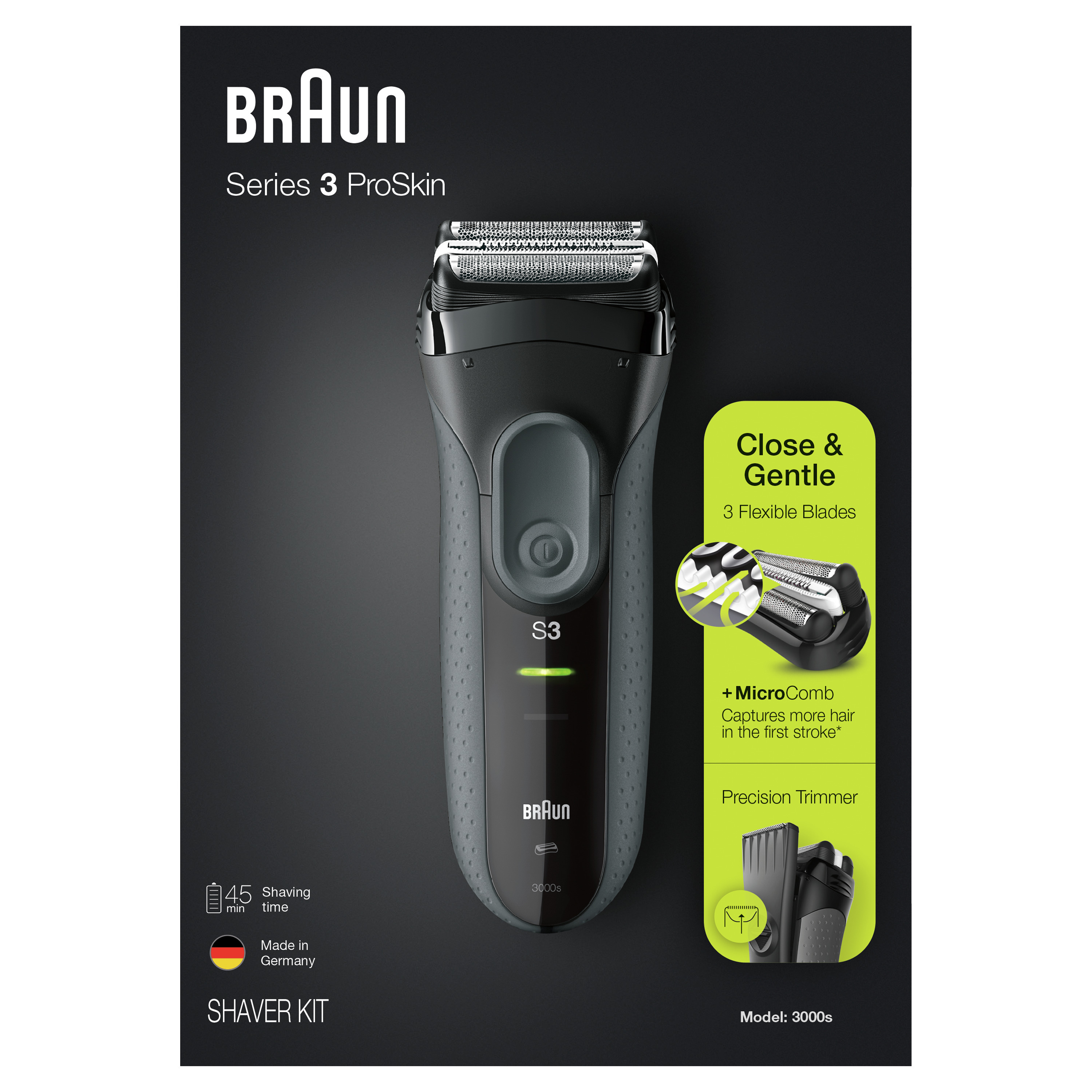 Электробритва для мужчин Braun Series 3 ProSkin 3000s, 3 плавающих элемента, зарядка Braun