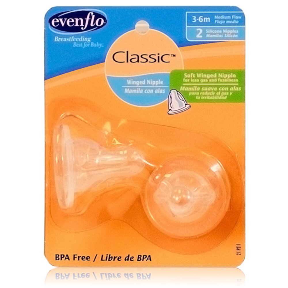 Evenflo 2 Pack Classic Winged Nipple, Medium Flow 3-6 Months Evenflo