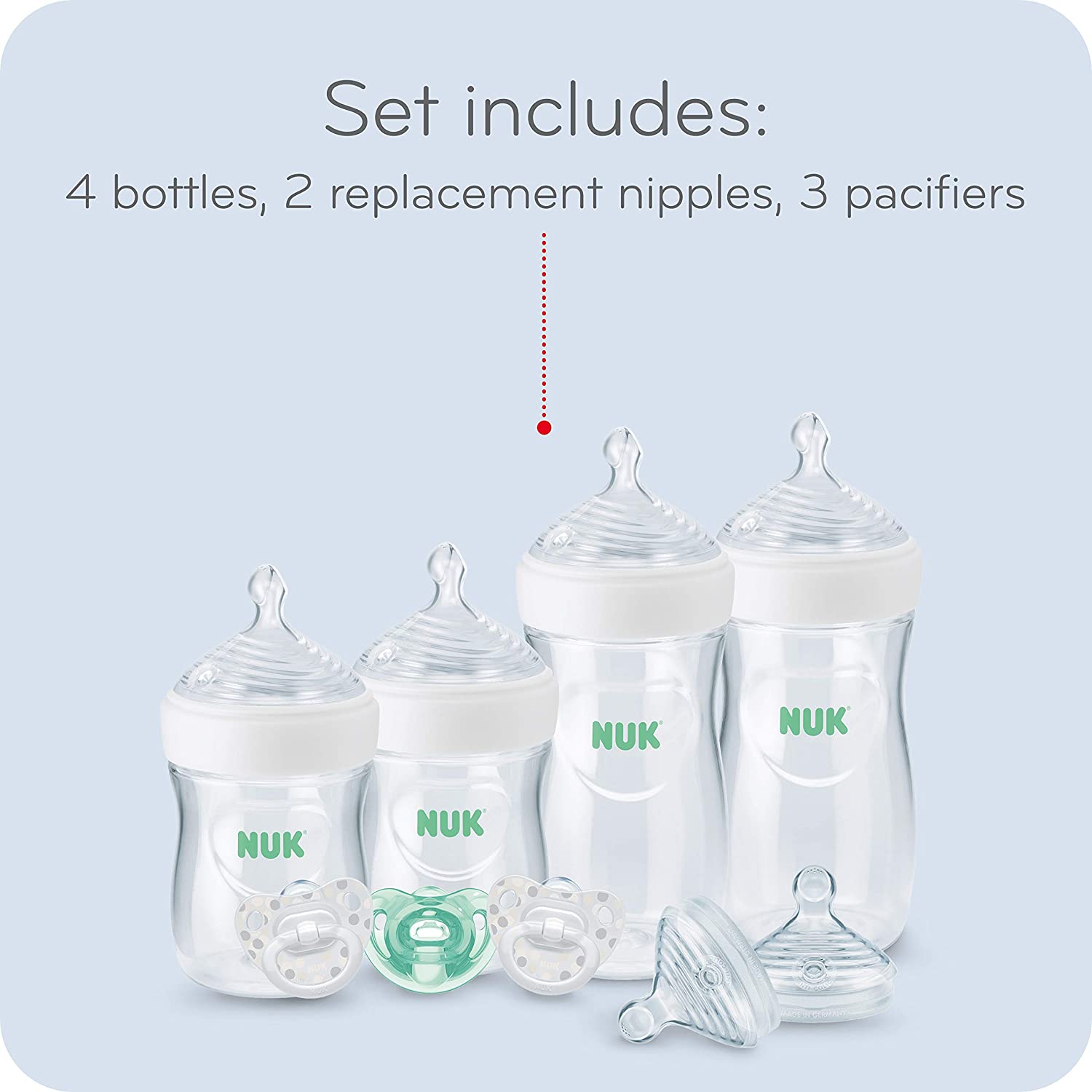 NUK Simply Natural Baby Bottles with SafeTemp Gift Set, Pink - Includes 4 Bottles, 3 Pacifiers, and 2 Replacement Bottle Nipples NUK