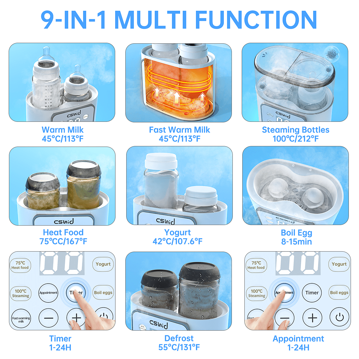 Bottle Warmer For Baby, Double Bottels Milk Warmer 9 in 1 Fast Food Heater & Defrost BPA-Free with Appointment, LCD Display, Timer & 24H Temperature Control for Breastmilk & Formula Cshidworld