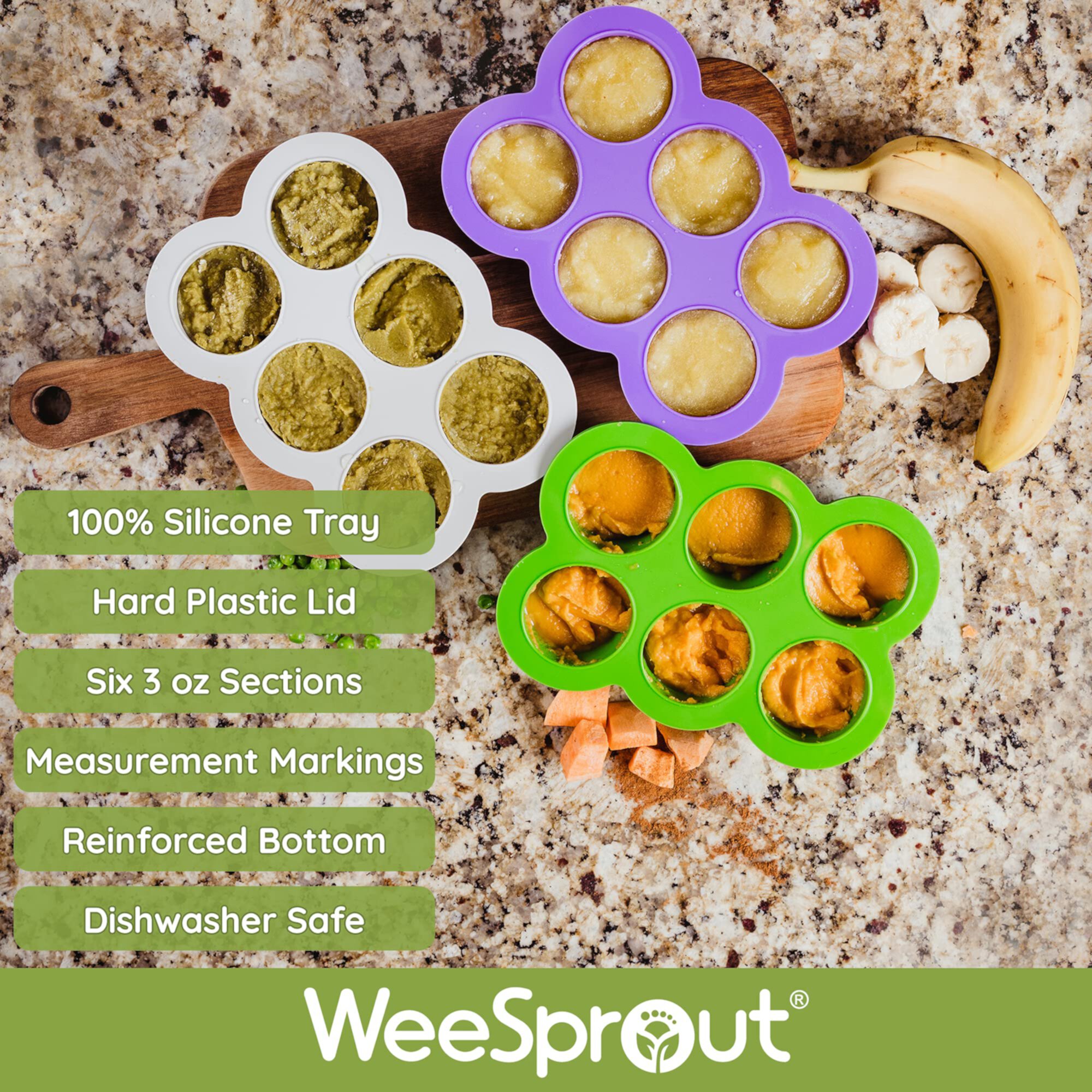 WeeSprout Silicone Baby Food Freezer Tray with Clip-on Lid (Six 3 Ounce Sections) WeeSprout