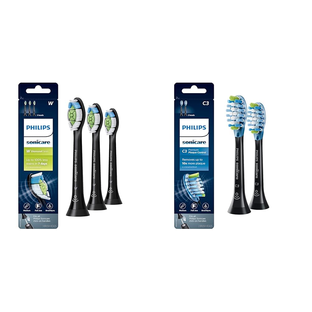 W DiamondClean Toothbrush Heads, 3 Brush Heads, Black, HX6063/95 & Genuine C3 Premium Plaque Control Replacement Toothbrush Heads, 2 Brush Heads, Black, HX9042/95 Compatibility