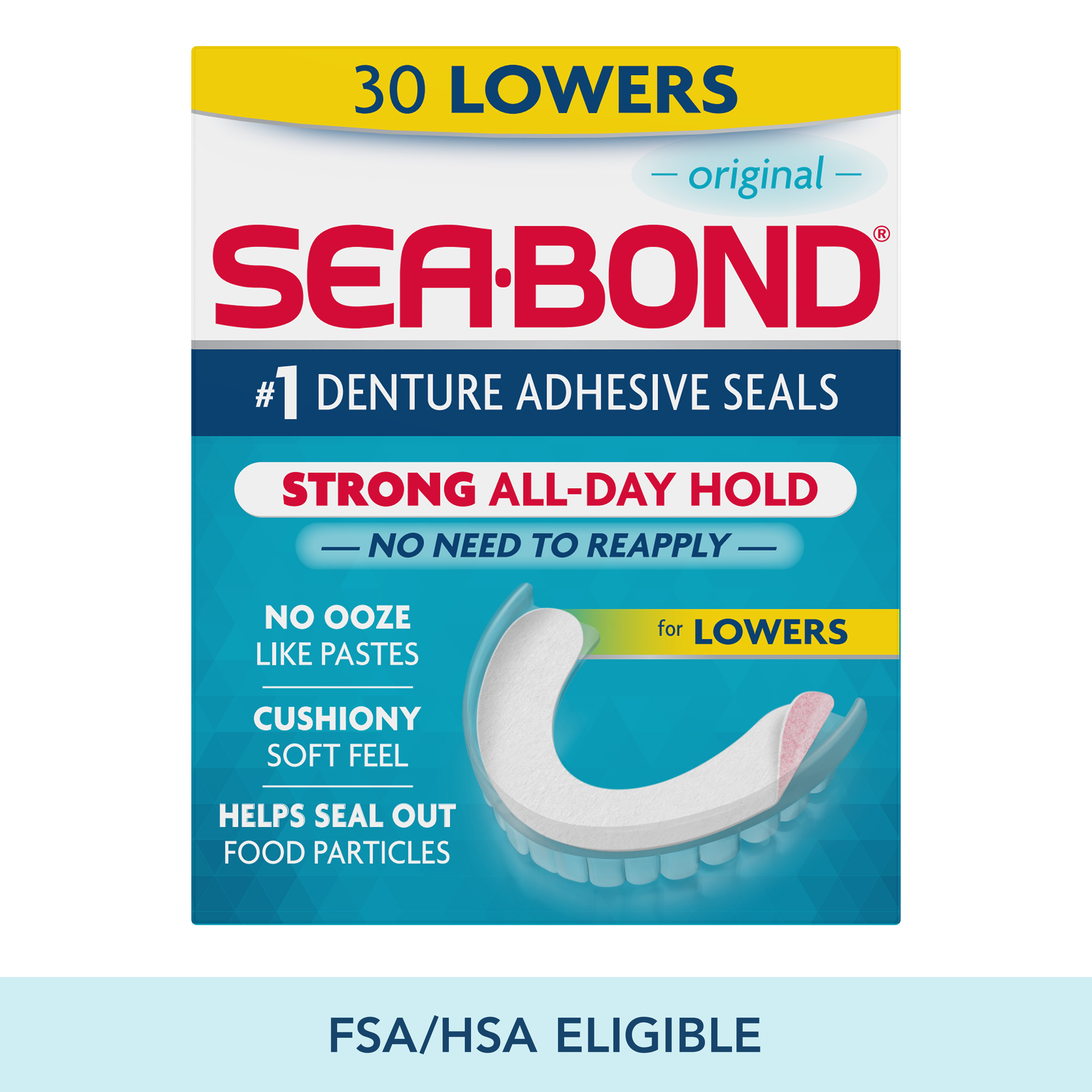 Sea Bond Lower Secure Denture Adhesive Seals, For an All Day Strong Hold, Original Flavor Seals, 30 Count Sea-Bond