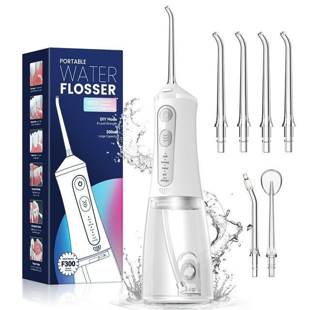 JTF Cordless Water Flosser Dental Teeth Cleaner, Portable 300ML Tank DIY Mode Rechargeable Dental Oral Irrigator for Home and Travel, 6 Jet Tips, White JTF