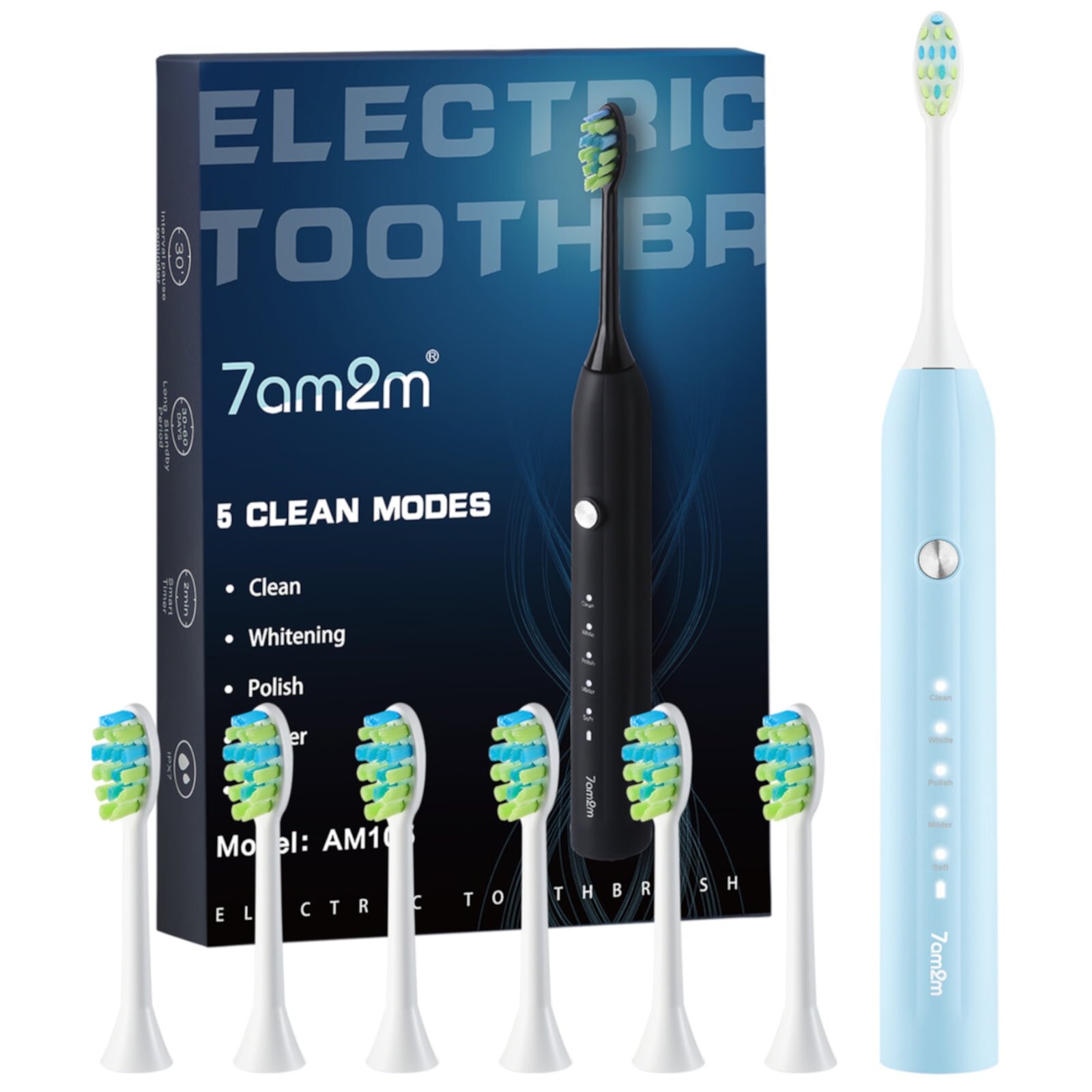 7AM2M Sonic Electric Toothbrush for Adults and Kids,One Charge for 90 Days, with 6 Brush Heads,AM105 7AM2M