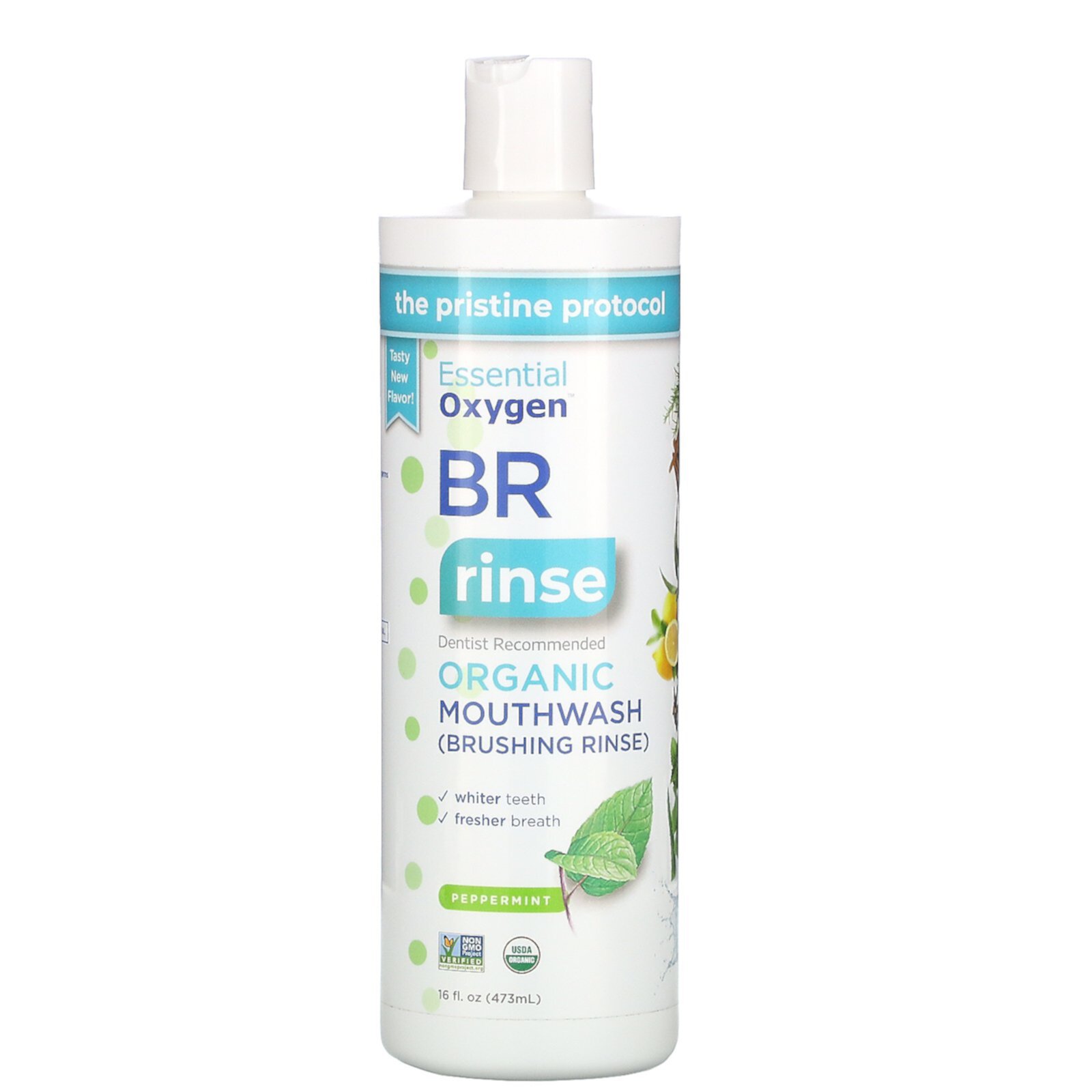 Essential Oxygen Certified Br Organic Brushing Rinse, All Natural Mouthwash For Whiter Teeth, Fresher Breath, And Happier Gums, Alcohol-Free Oral Care, Peppermint, 16 Ounce Essential Oxygen