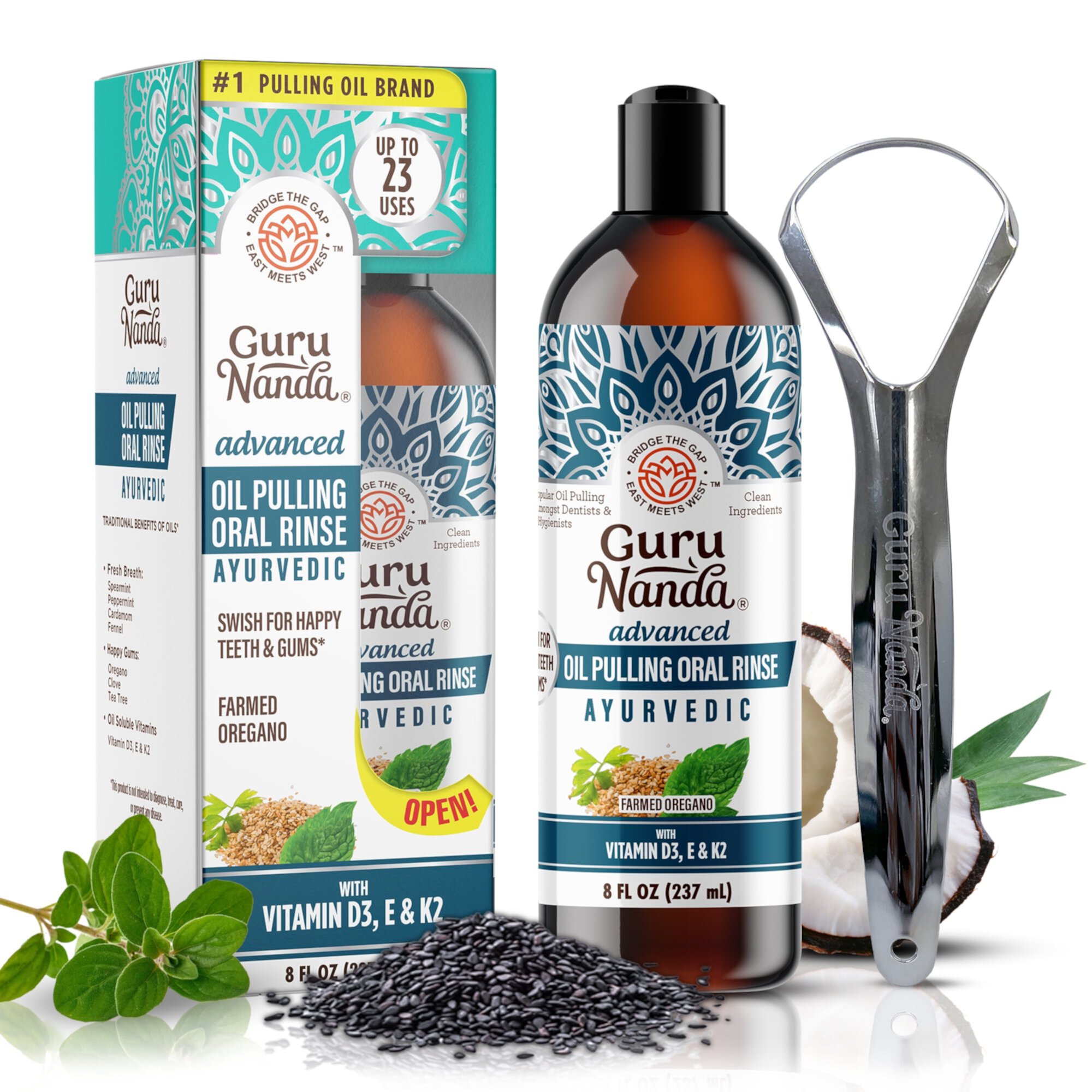 Guru Nanda Advanced Formula Pulling Oil, Natural Teeth Whitening & Mouth Swish, 8 fl oz. GuruNanda