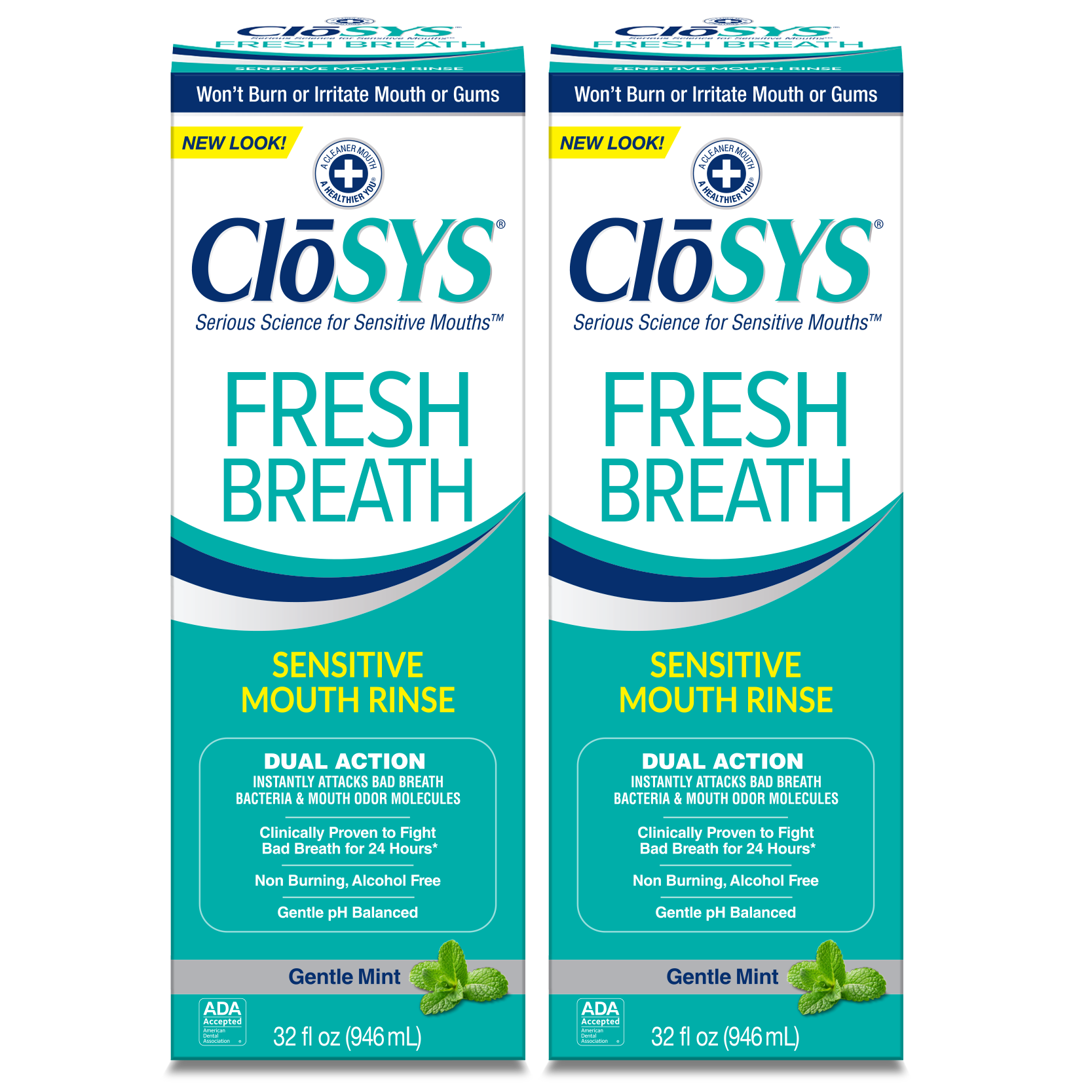 CloSYS Sensitive Mouthwash, 32 Ounce, 2 Count, Gentle Mint, Alcohol Free, Dye Free, pH Balanced, Helps Soothe Mouth Sensitivity, Fights Bad Breath CloSYS