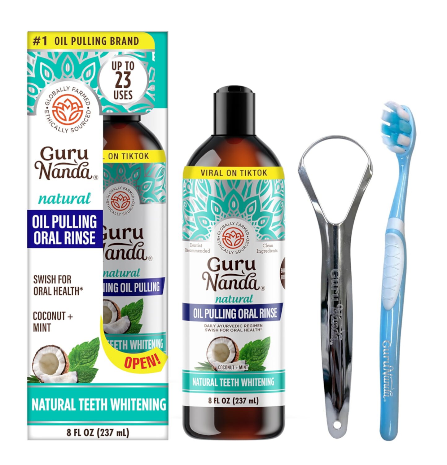 GuruNanda Oil Pulling with Coconut + Mint, Essential Oils & Vitamins D3,E,K2 - Toothbrush & Tongue Scraper - Natural Mouthwash - 8 oz GuruNanda