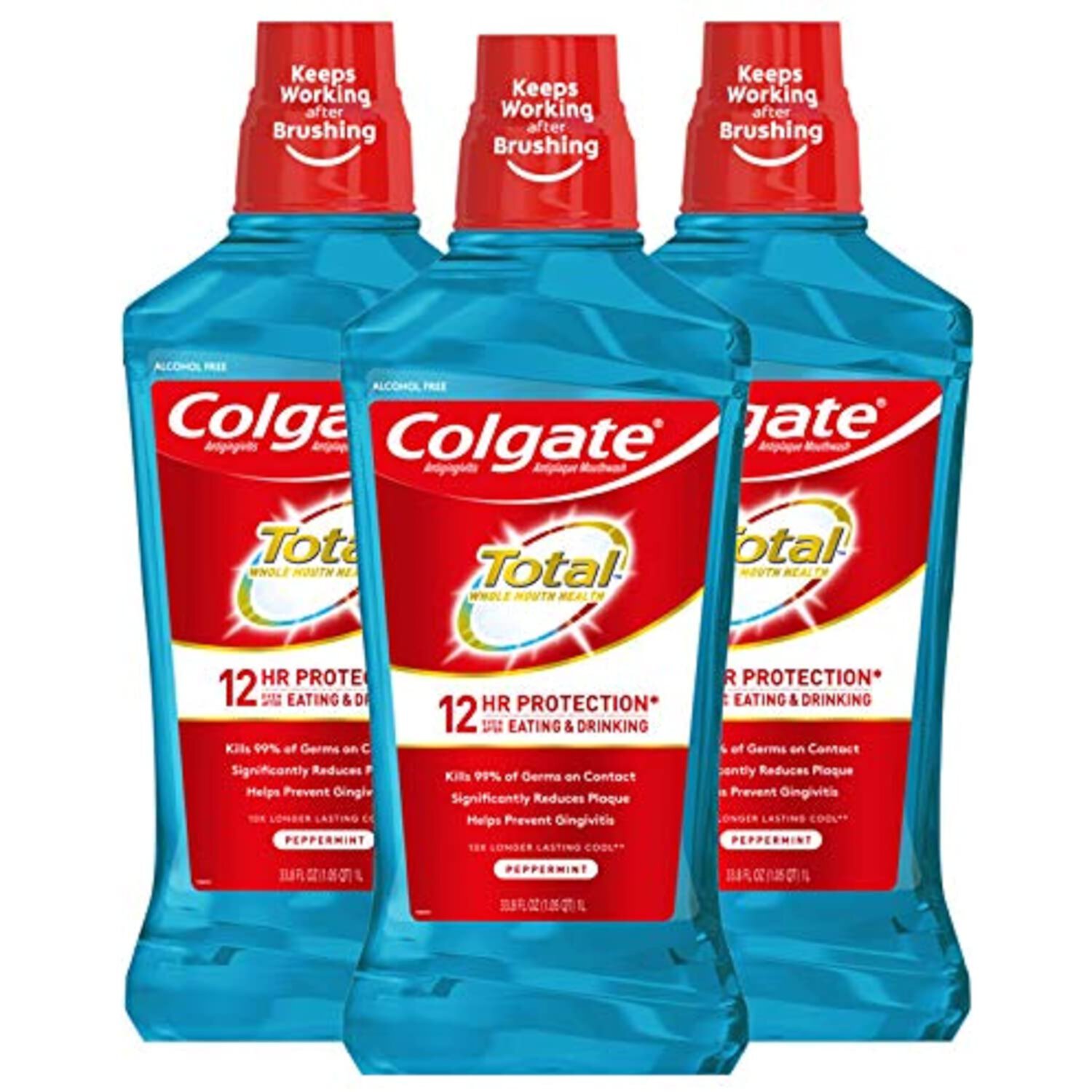 Colgate Total Alcohol Free Mouthwash For Bad Breath, Antibacterial Formula, Peppermint - 1L, 33.8 Fluid Ounce (3 Pack) Visit the Colgate Store