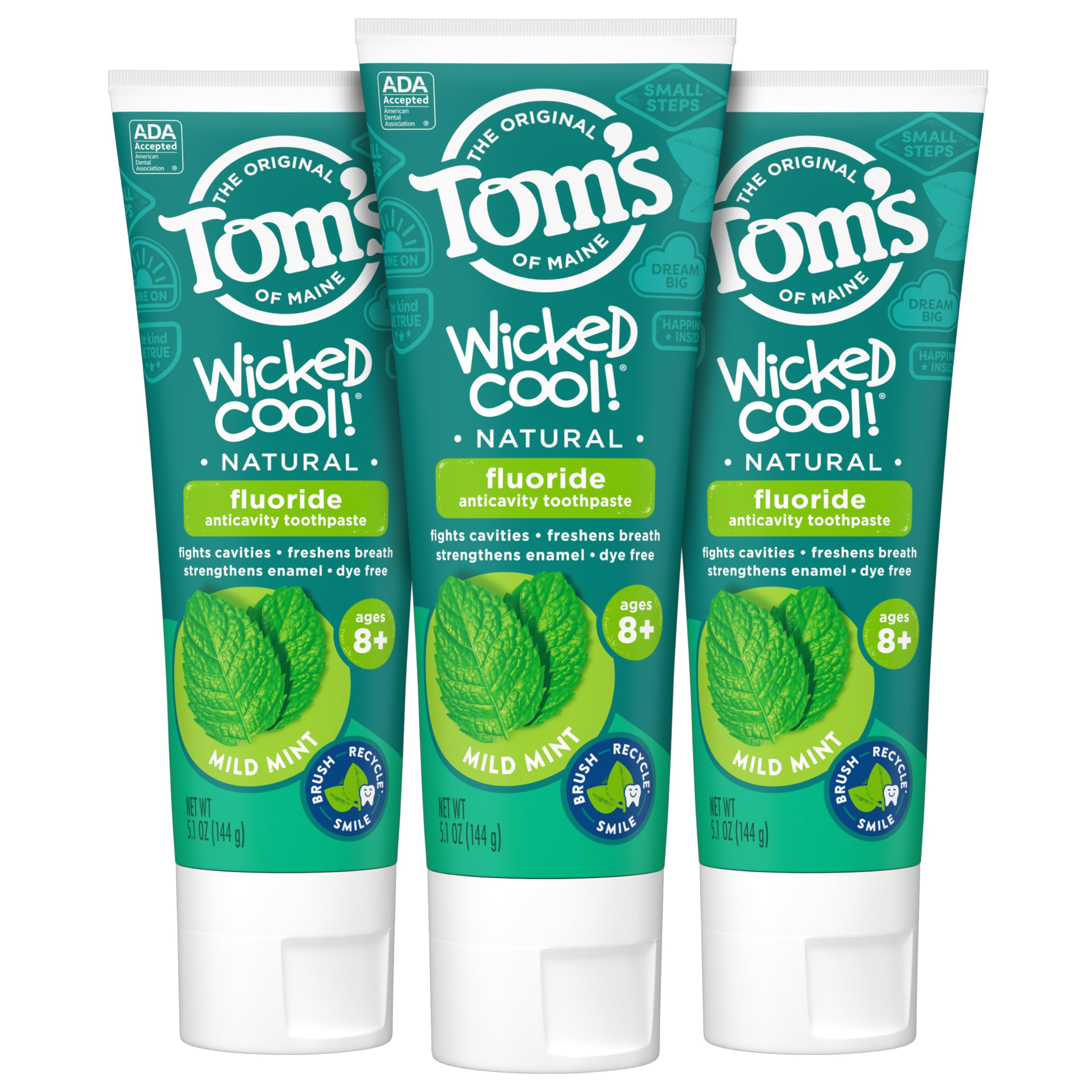 Tom's of Maine ADA Approved Wicked Cool! Fluoride Children's Toothpaste, Natural Toothpaste, Dye Free, No Artificial Preservatives, Mild Mint, 5.1 oz. 3-Pack (Packaging May Vary) C7 Tom's of Maine