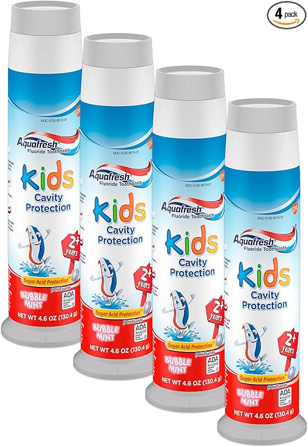 Aquafresh Kids Fluoride Toothpaste Bubble Mint Pump - 4.6 oz, Pack of 4 Aquafresh