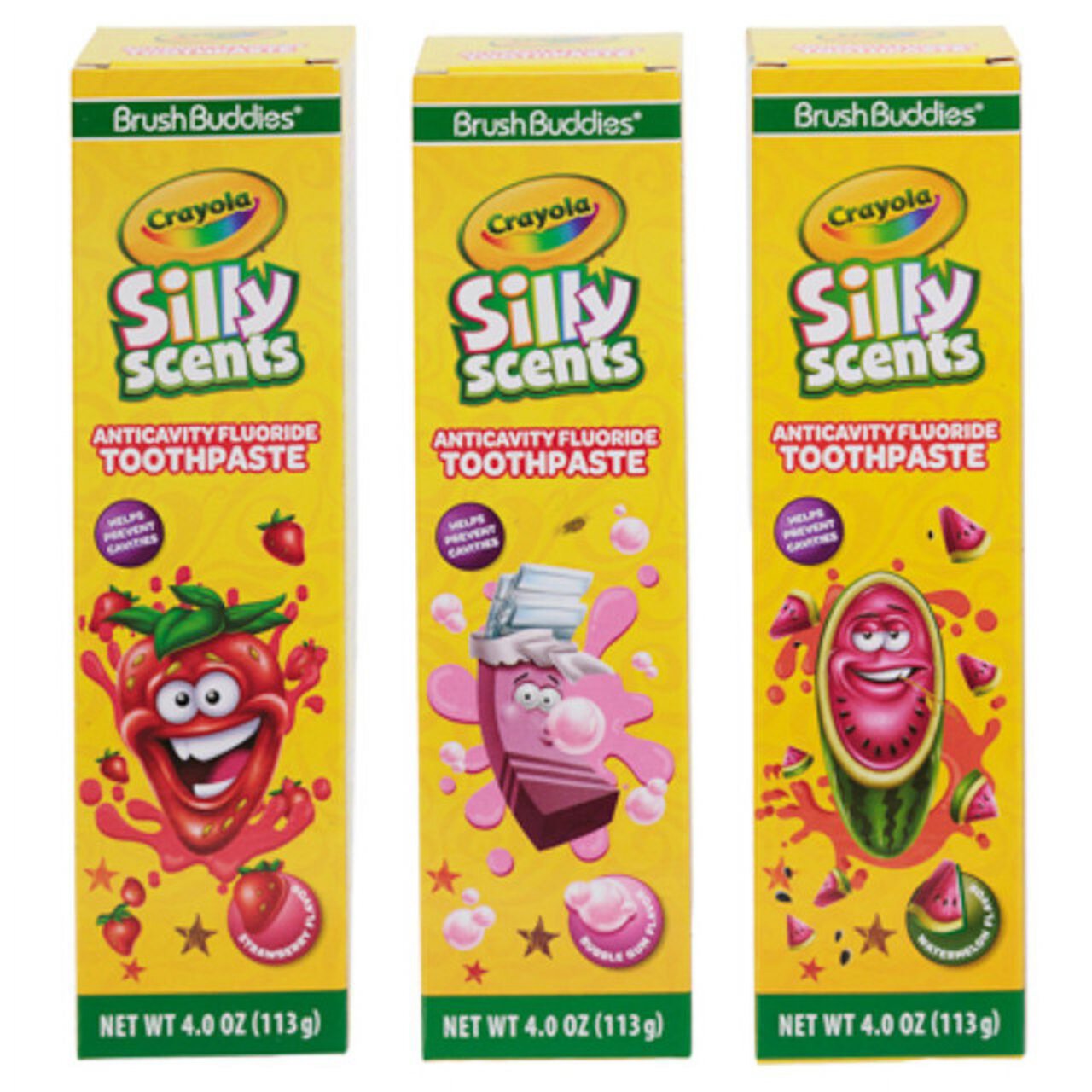 Crayola Kids Silly Scents Anticavity Toothpaste Strawberry Bubble Gum Watermelon 3 pk Brush Buddies