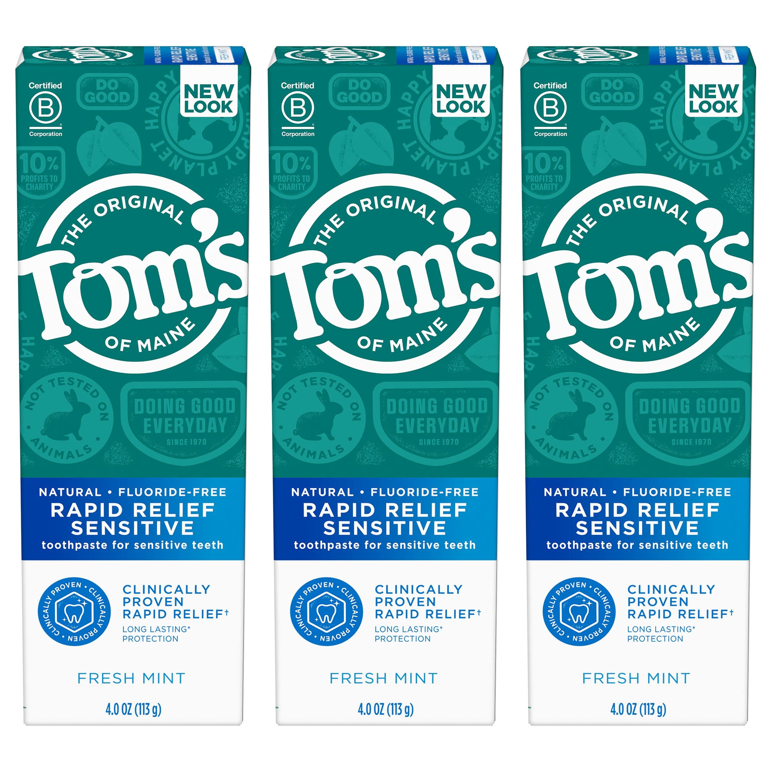 Tom,S Of Maine Fluoride-Free Rapid Relief Sensitive Toothpaste, Fresh Mint, 4 Oz. 3-Pack (Packaging May Vary) Tom's of Maine