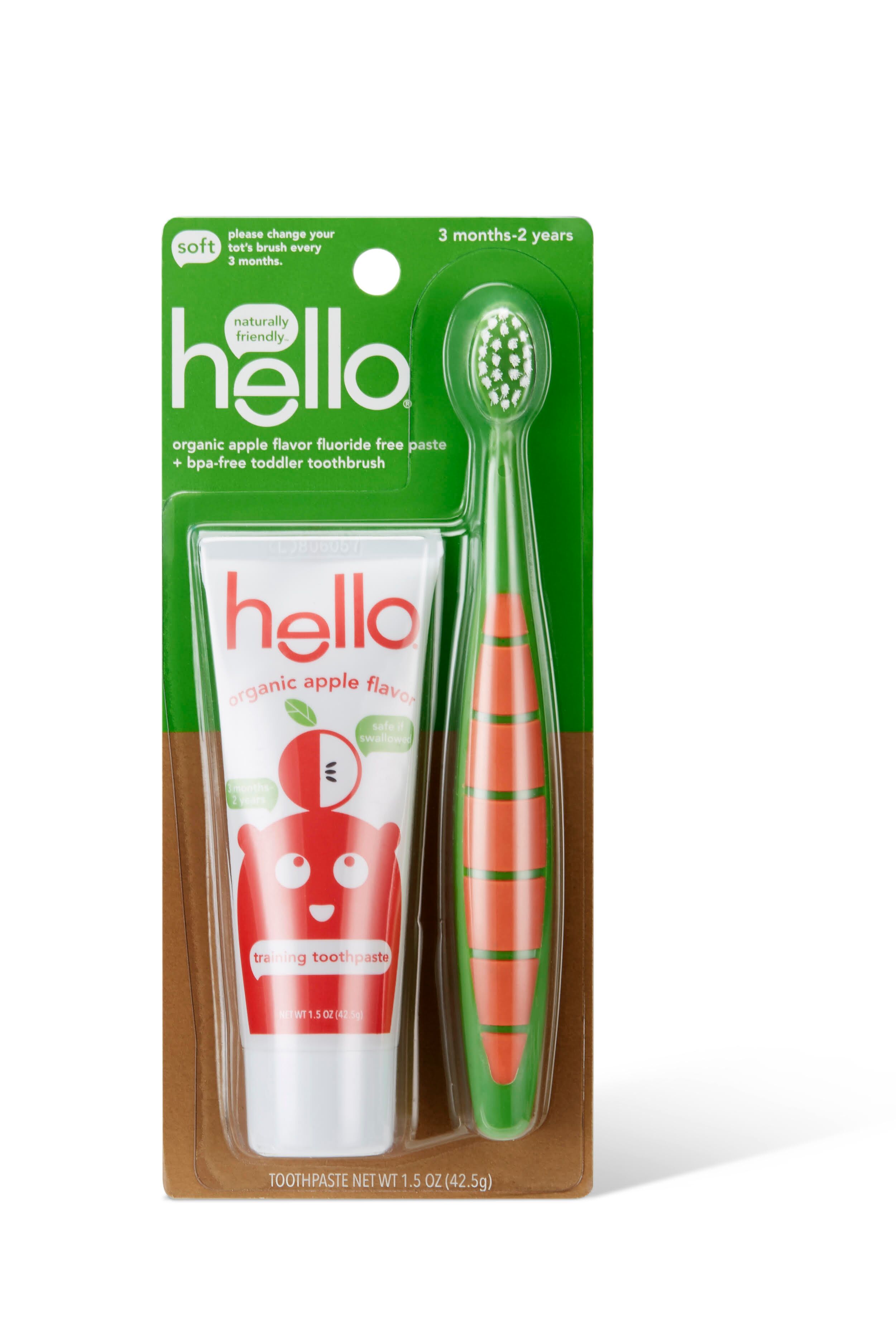 Hello Toddler Training Toothpaste with Natural Apple Flavor + Kids Toothbrush, Vegan, SLS, BPA Free Hello