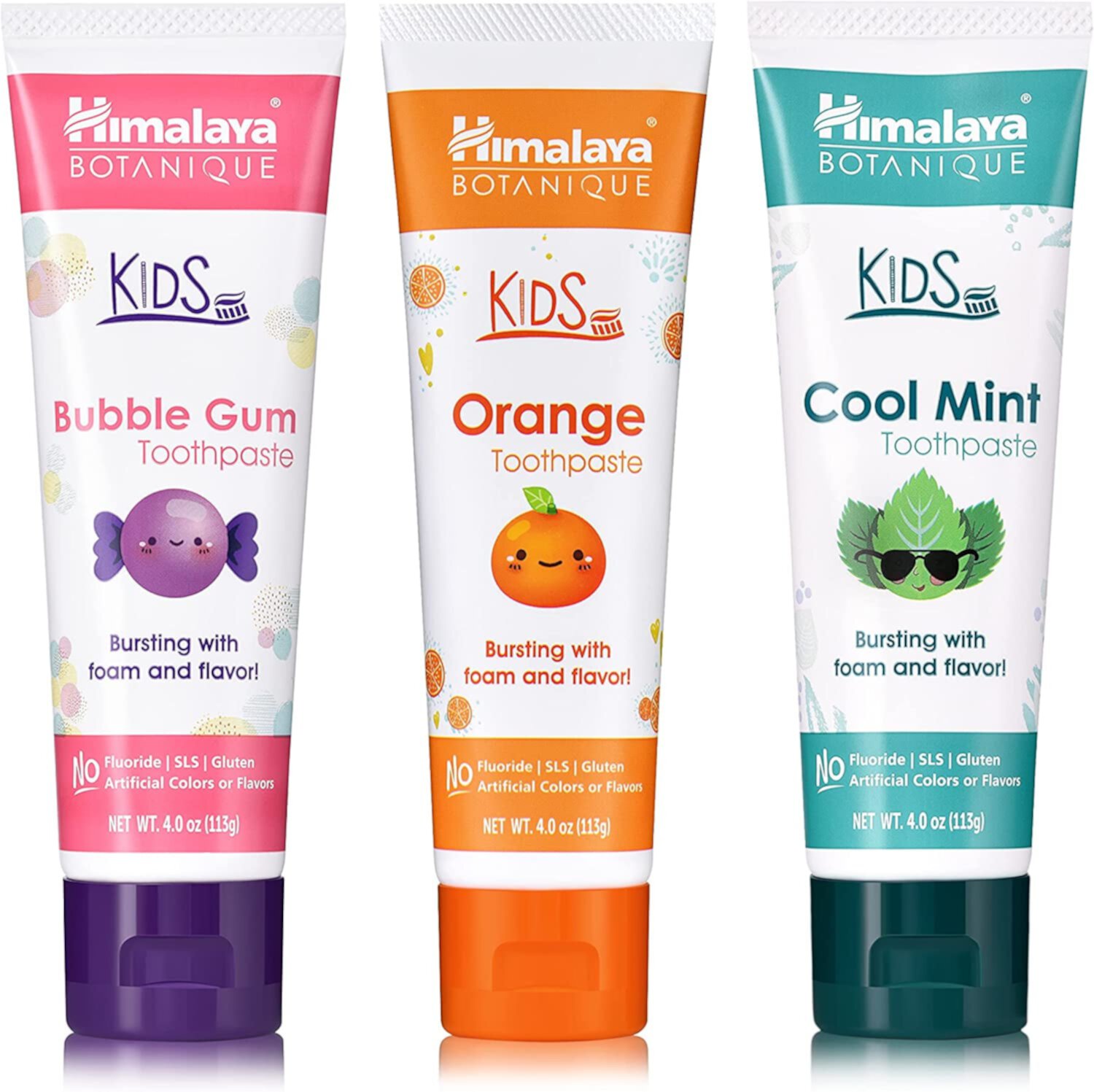 Himalaya Botanique Kids Toothpaste, Herbal, Cool Mint, Bubble Gum and Orange Flavor, Fights Plaque, Fluoride Free, 4 Oz, Variety 3 Pack Himalaya