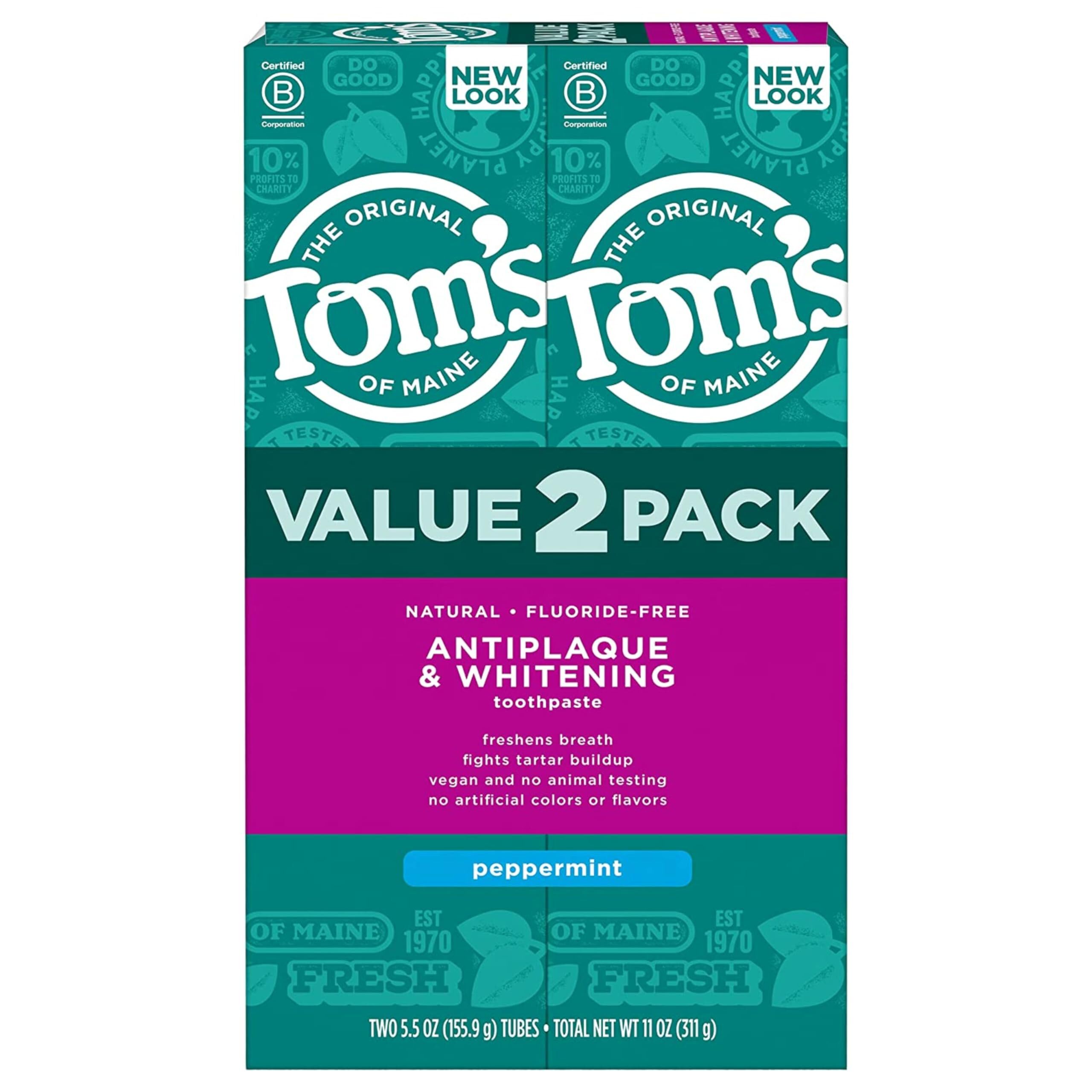 Tom's of Maine Antiplaque and Whitening Fluoride-Free Toothpaste, Peppermint, 5.5 Ounce, Pack of 2 Tom's of Maine